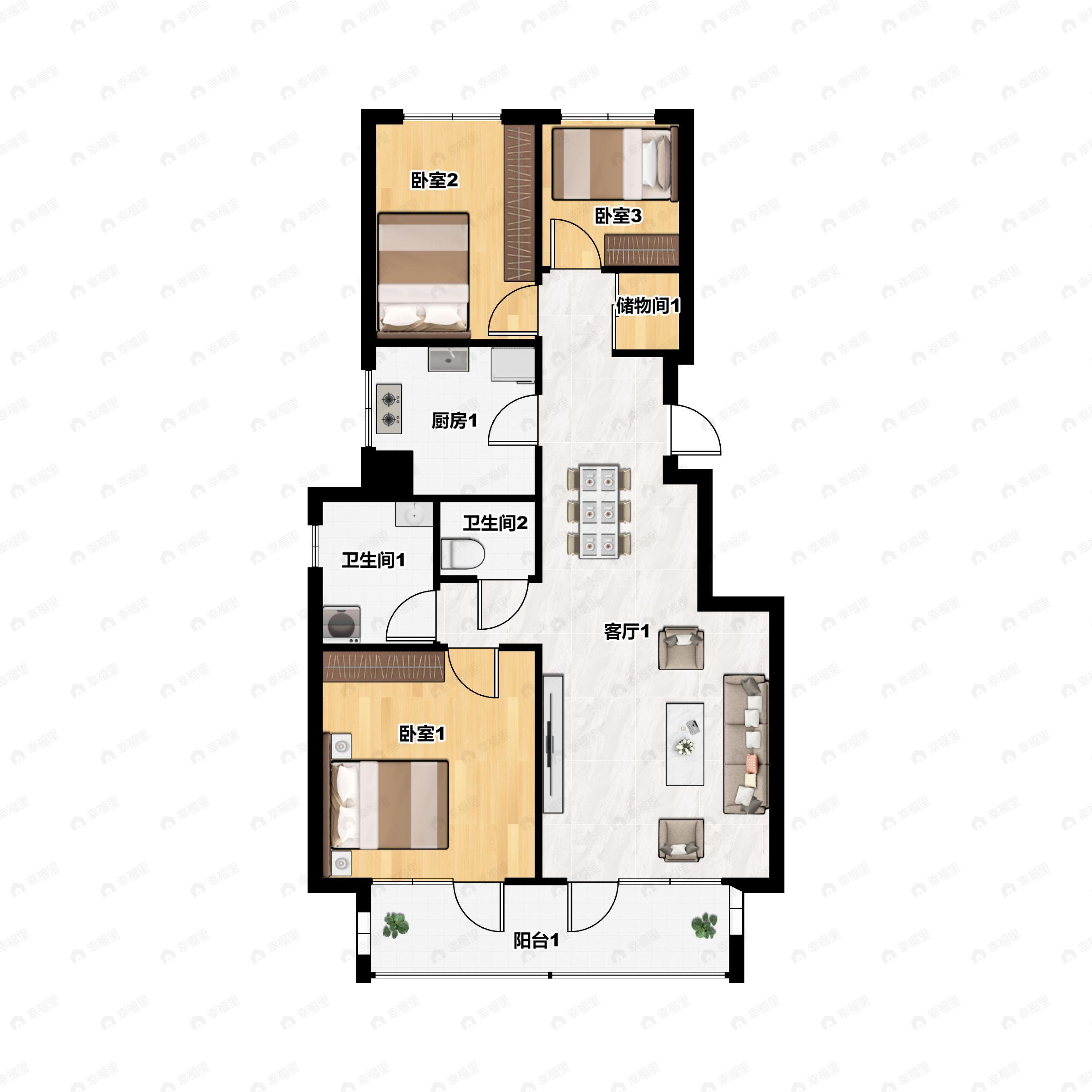 3室2厅1卫建面90平户型图