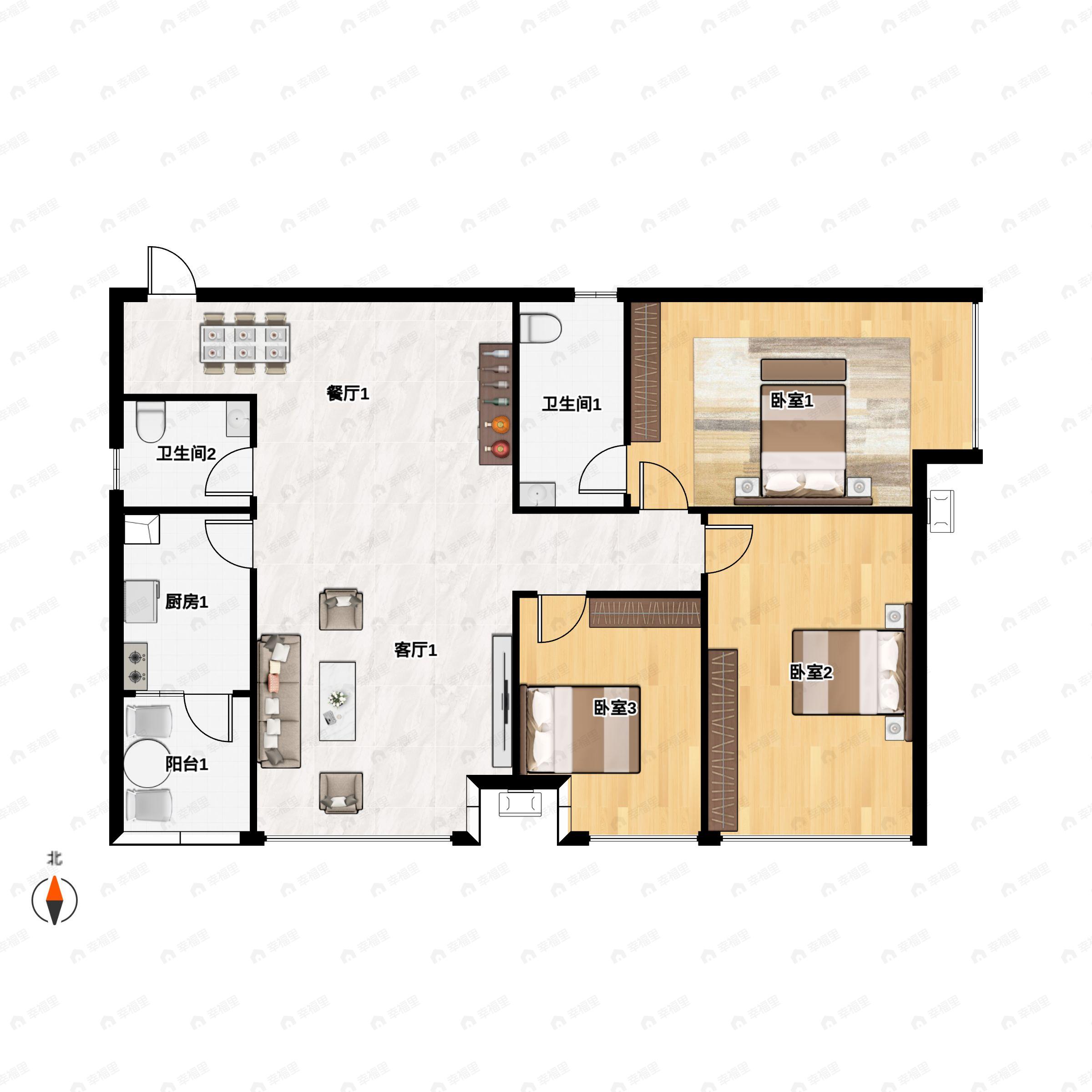 3室2厅2卫建面76平西南户型图