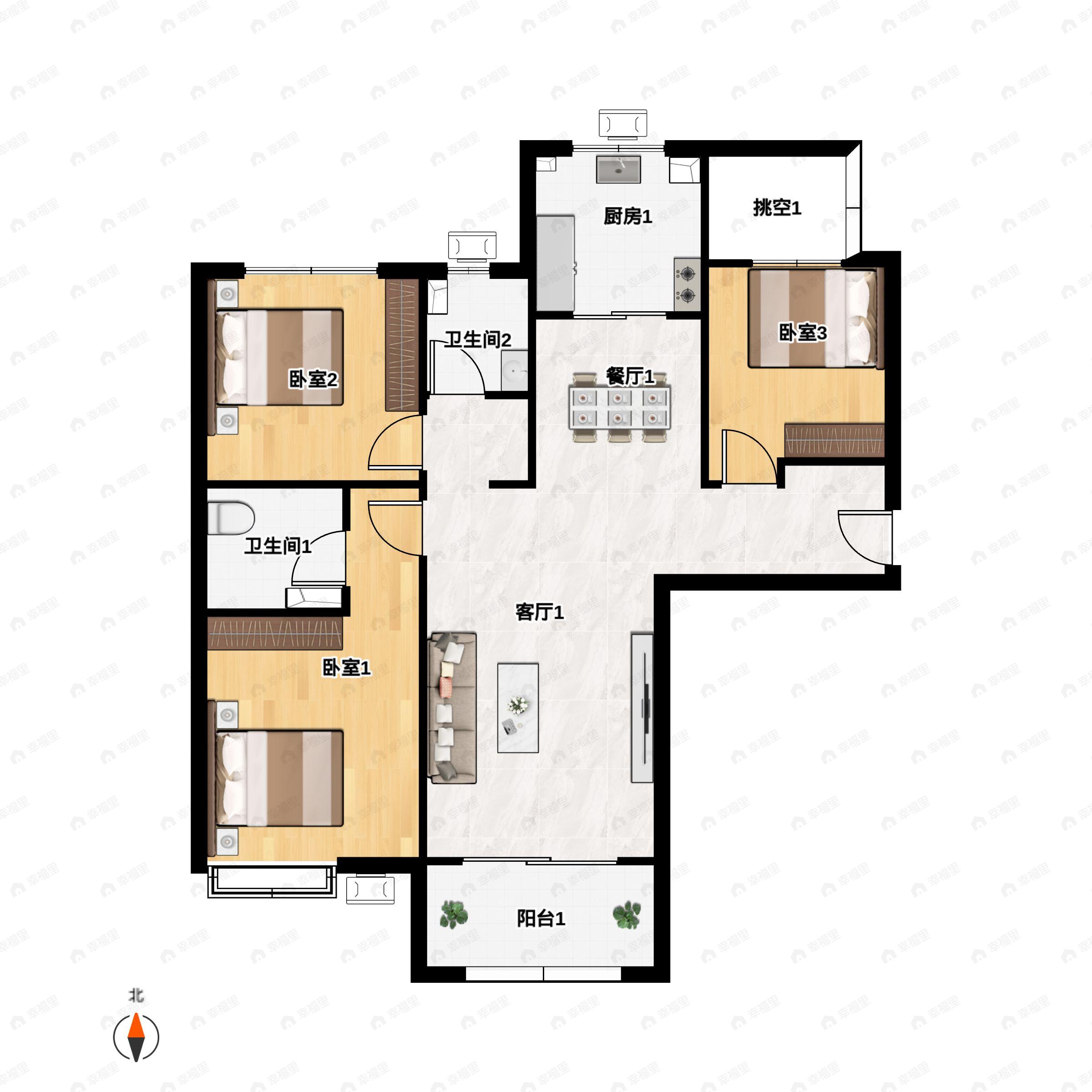 3室2厅2卫建面133m²南户型图