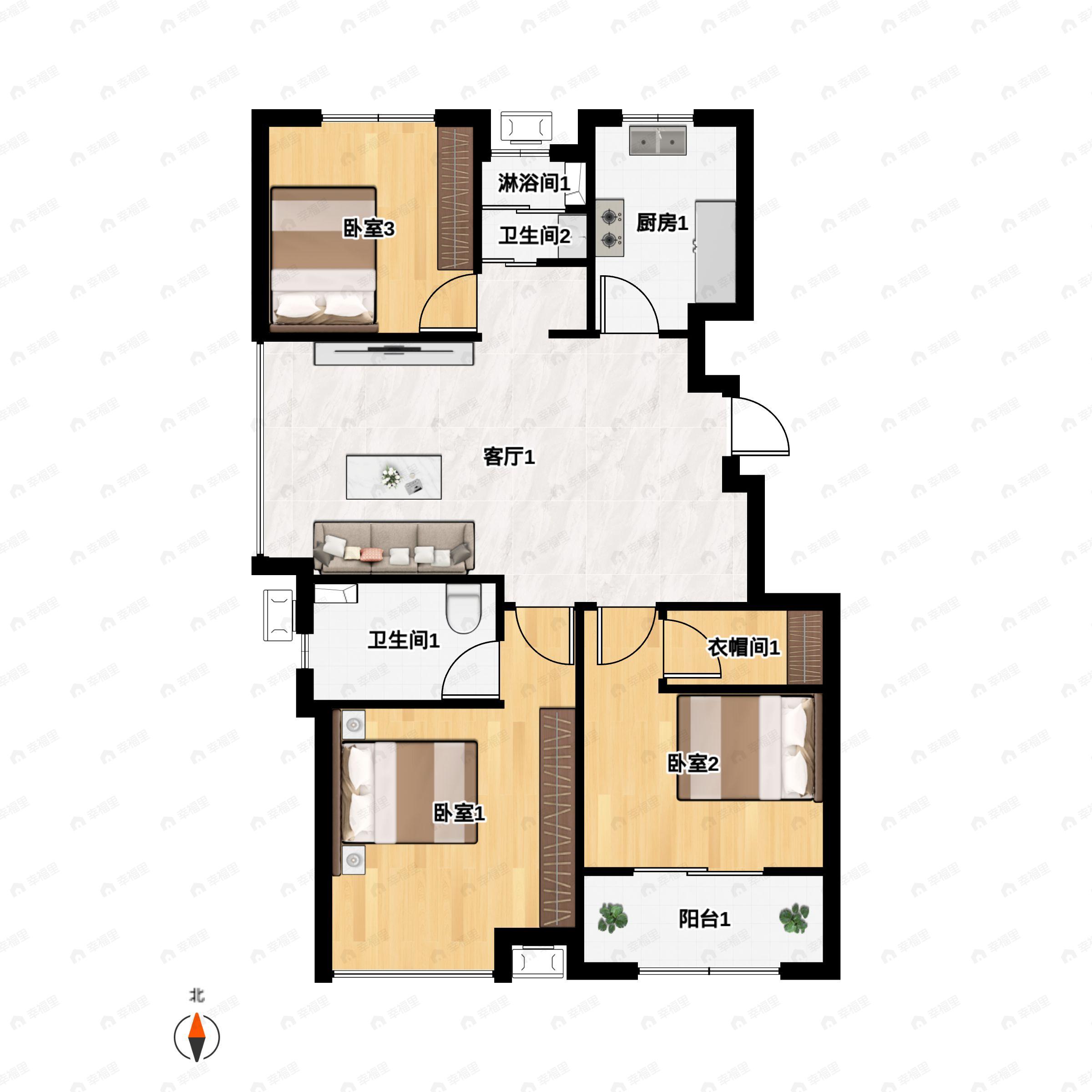 3室2厅2卫建面113m²南|北户型图