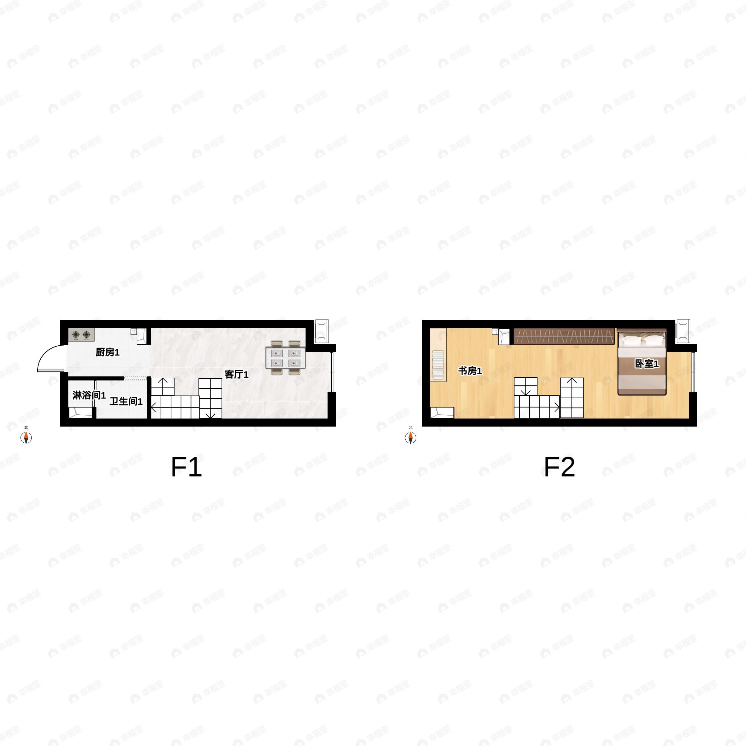 2室1厅1卫建面70平南|东|西户型图
