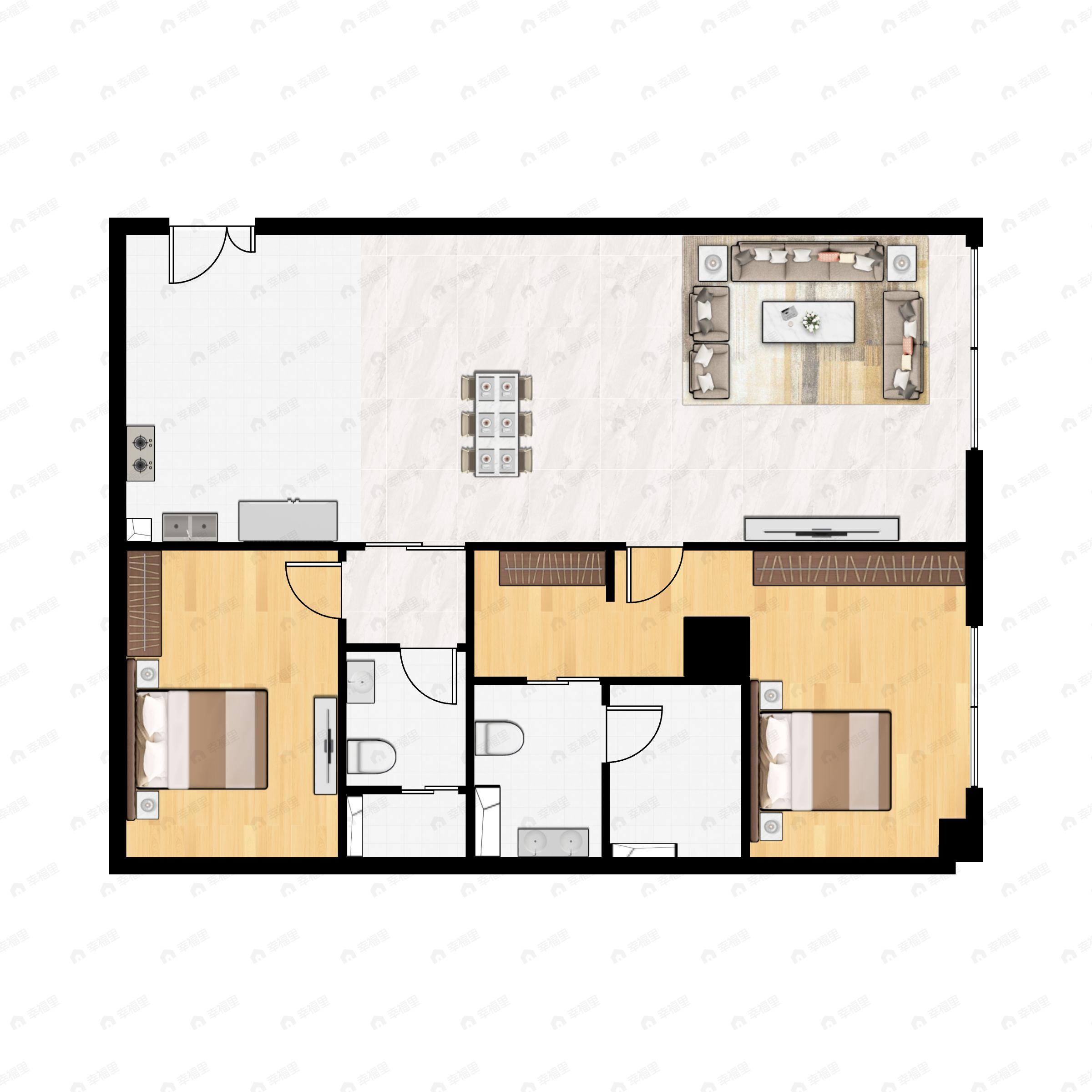 1室2厅2卫建面141m²东南户型图