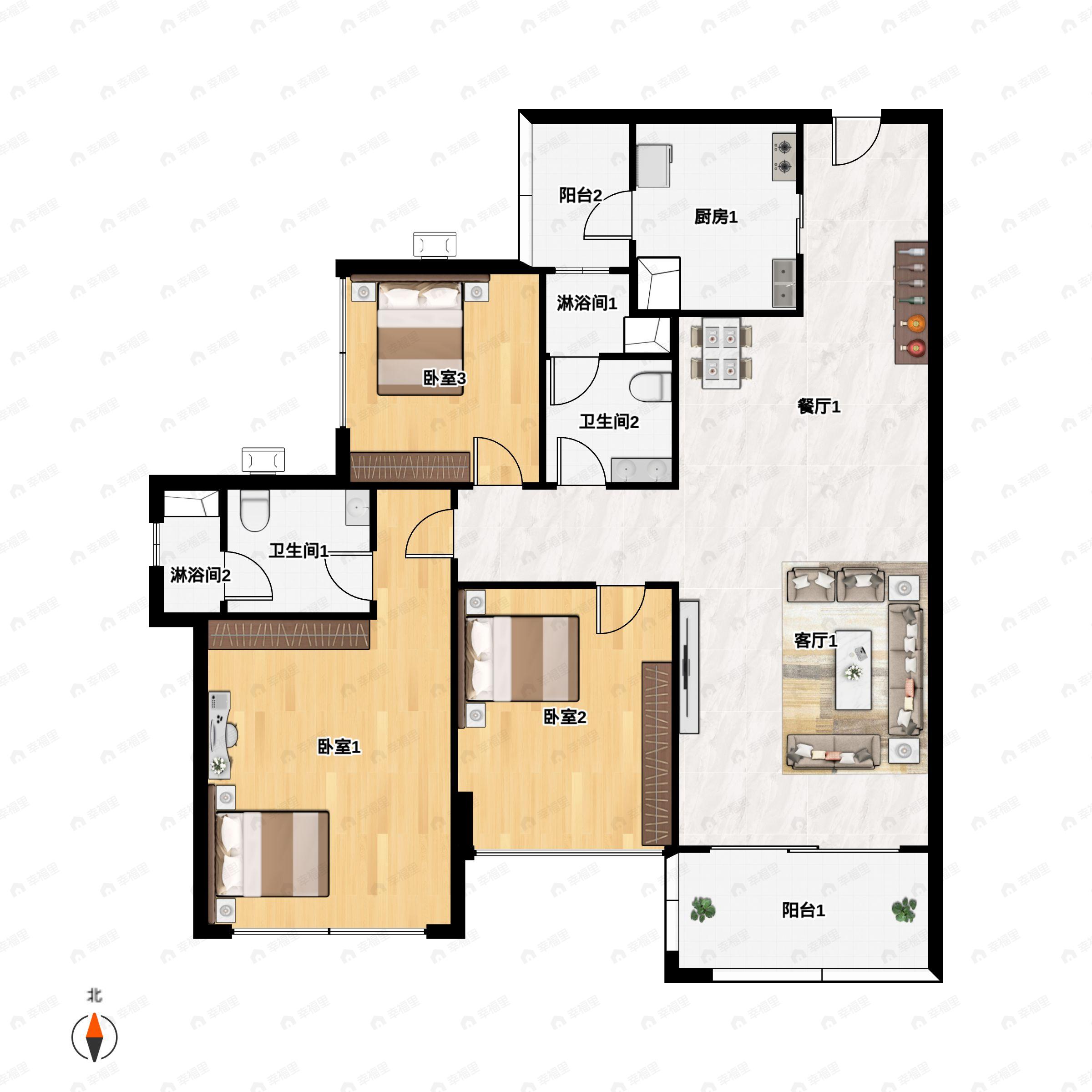3室2厅2卫建面100m²南户型图