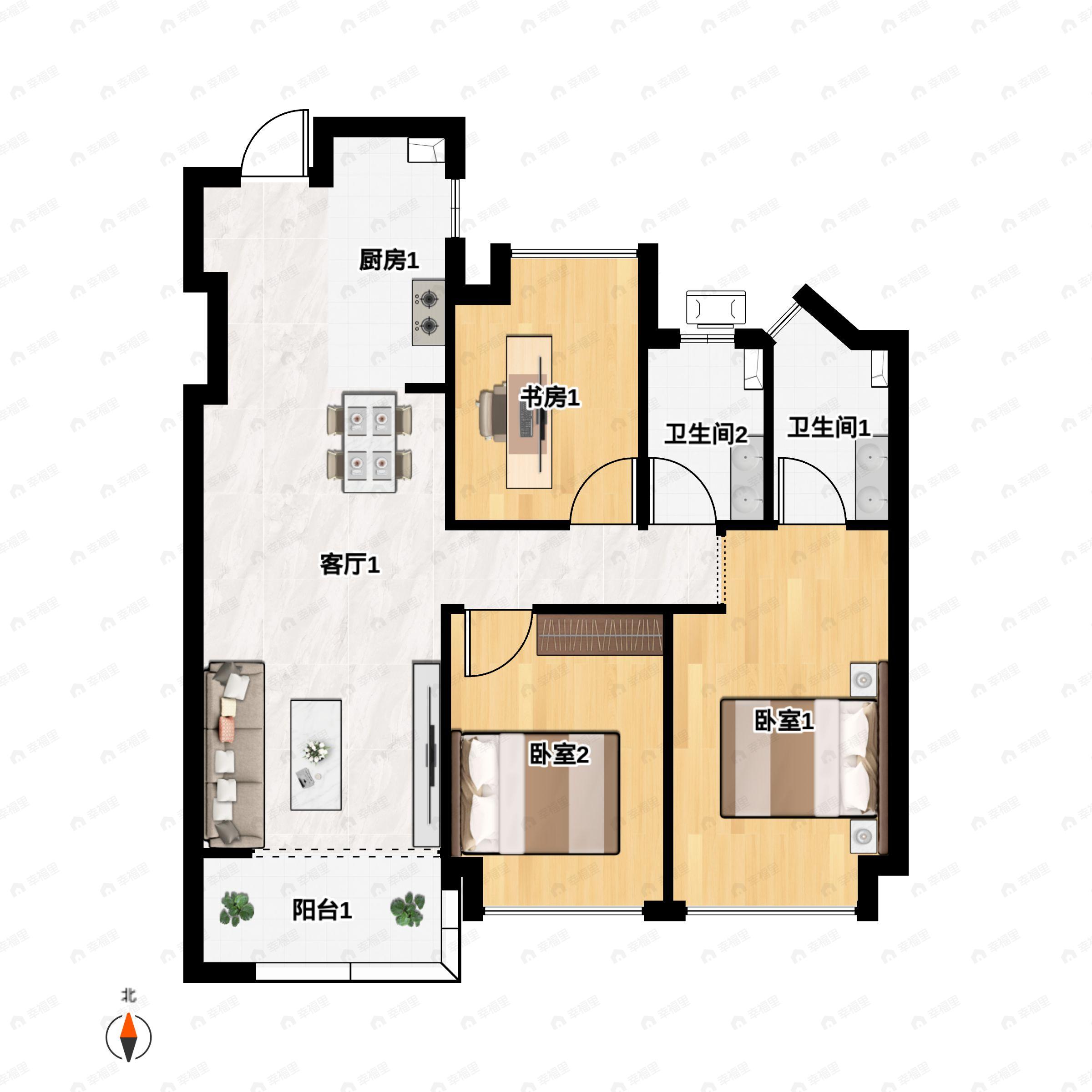 3室2厅2卫建面100m²南户型图
