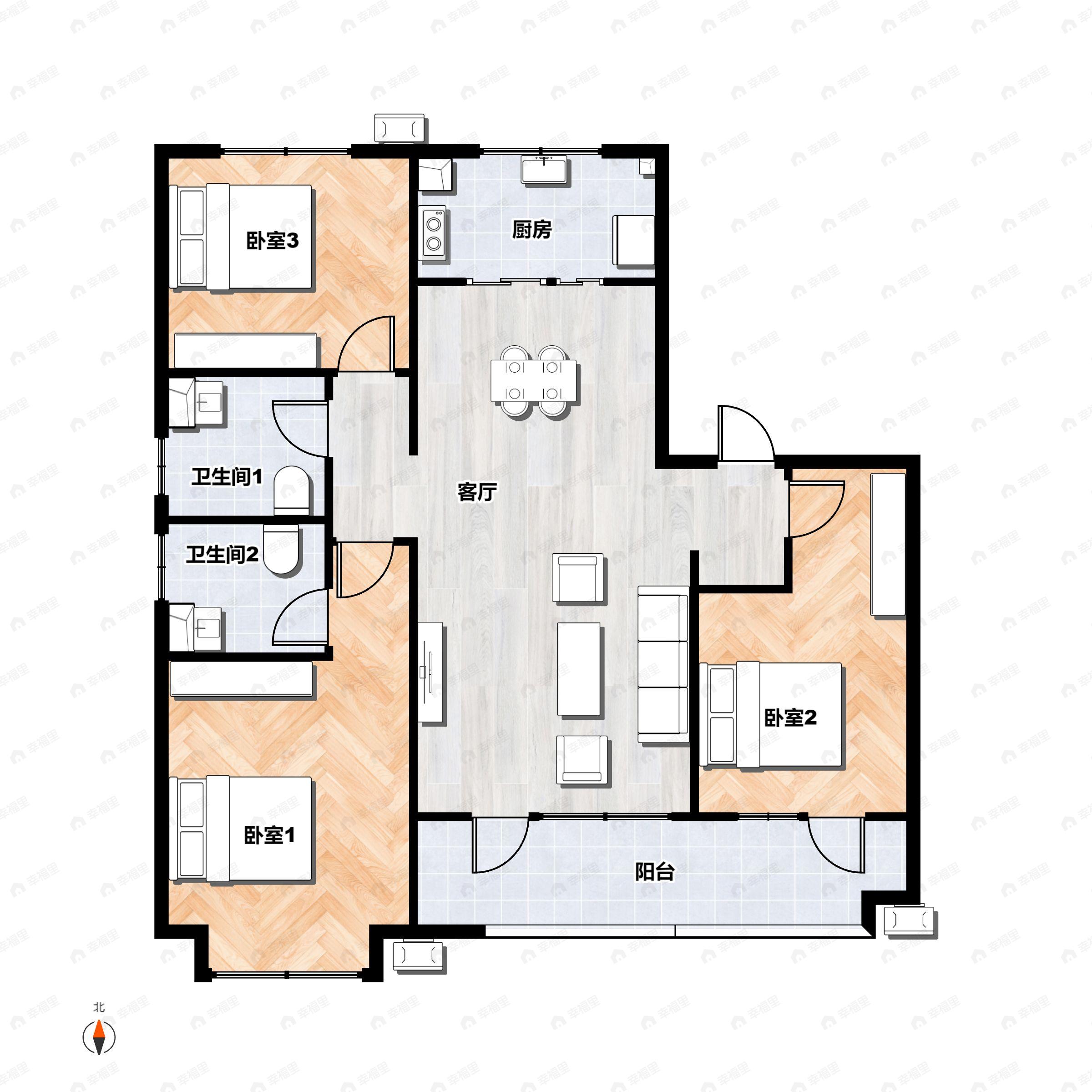 3室2厅2卫建面125平户型图
