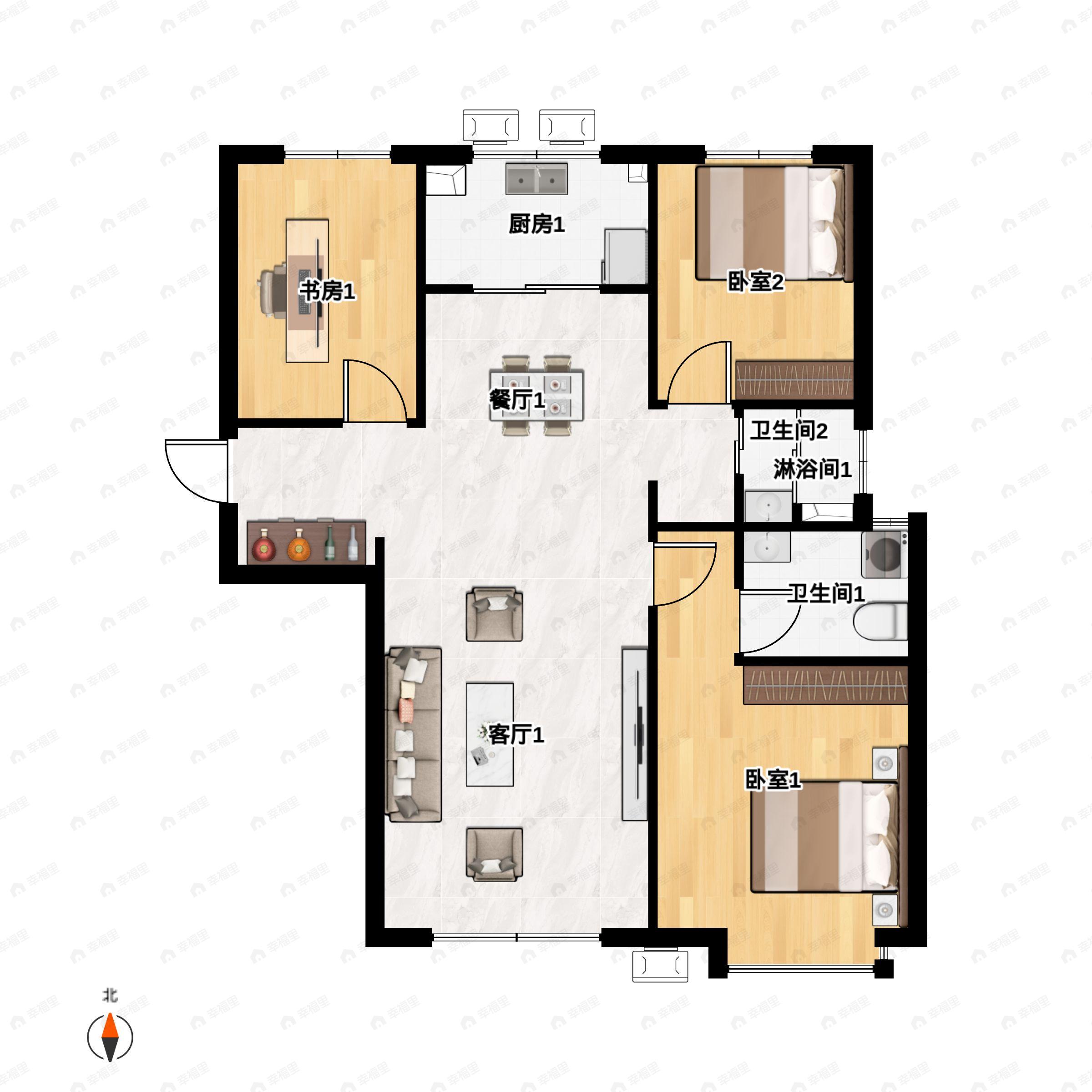 3室2厅2卫建面116m²北|南户型图