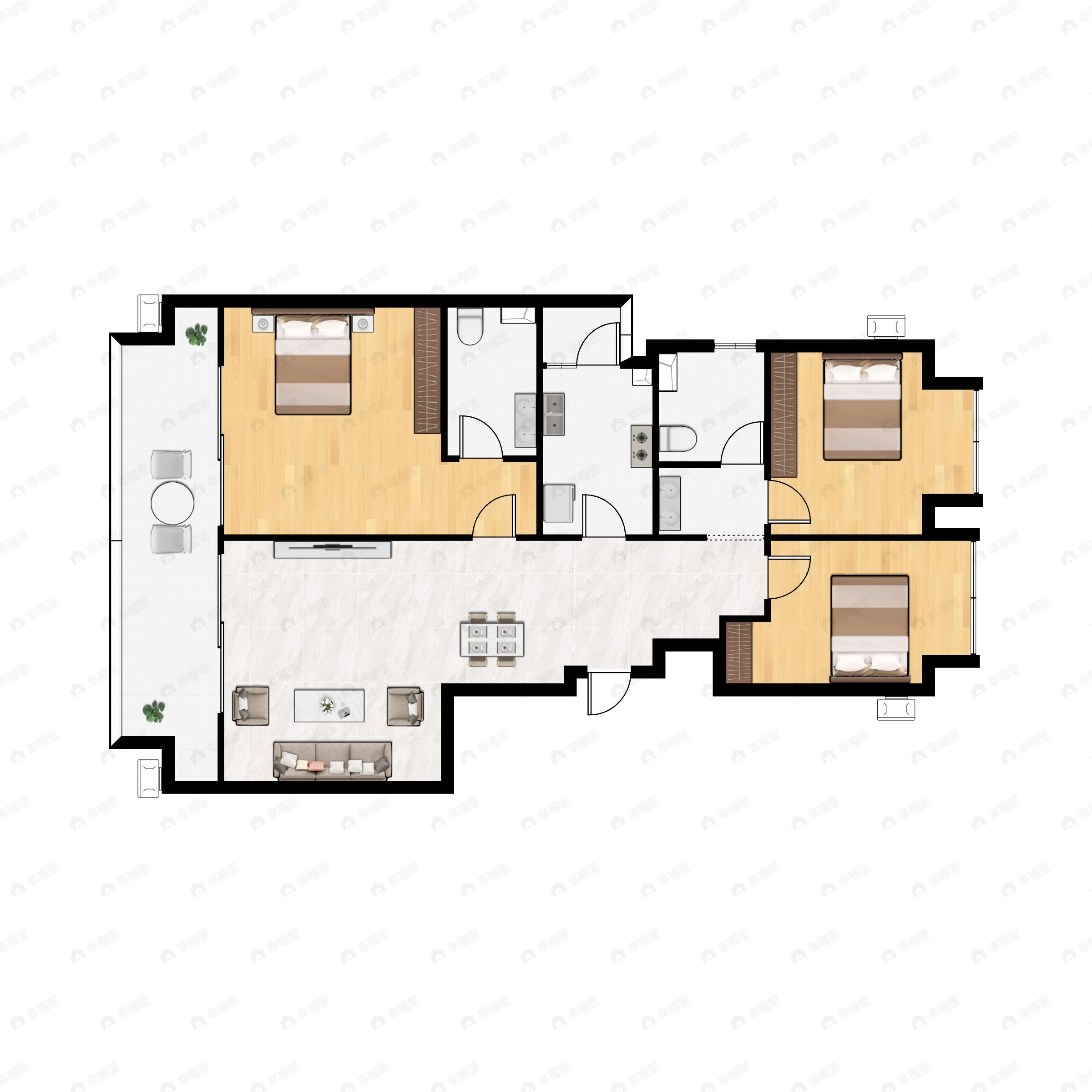 3室2厅2卫建面93m²南户型图