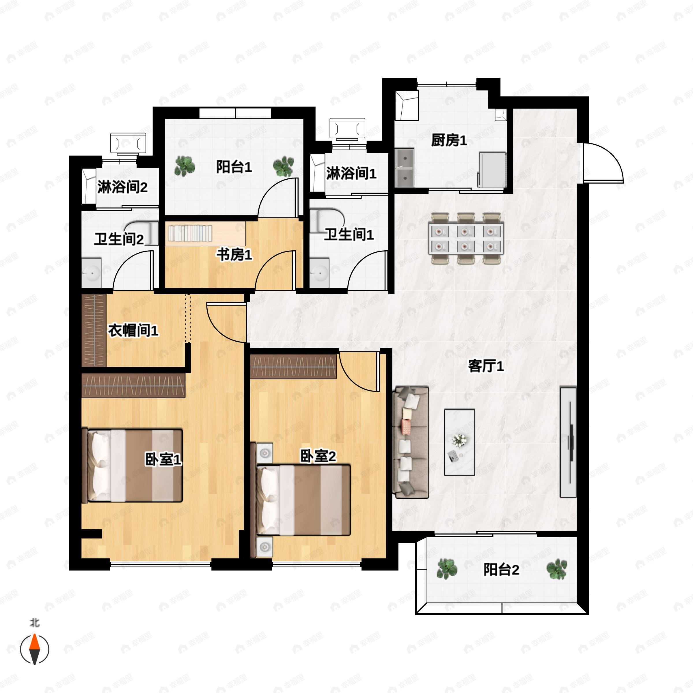 3室2厅2卫建面111平户型图