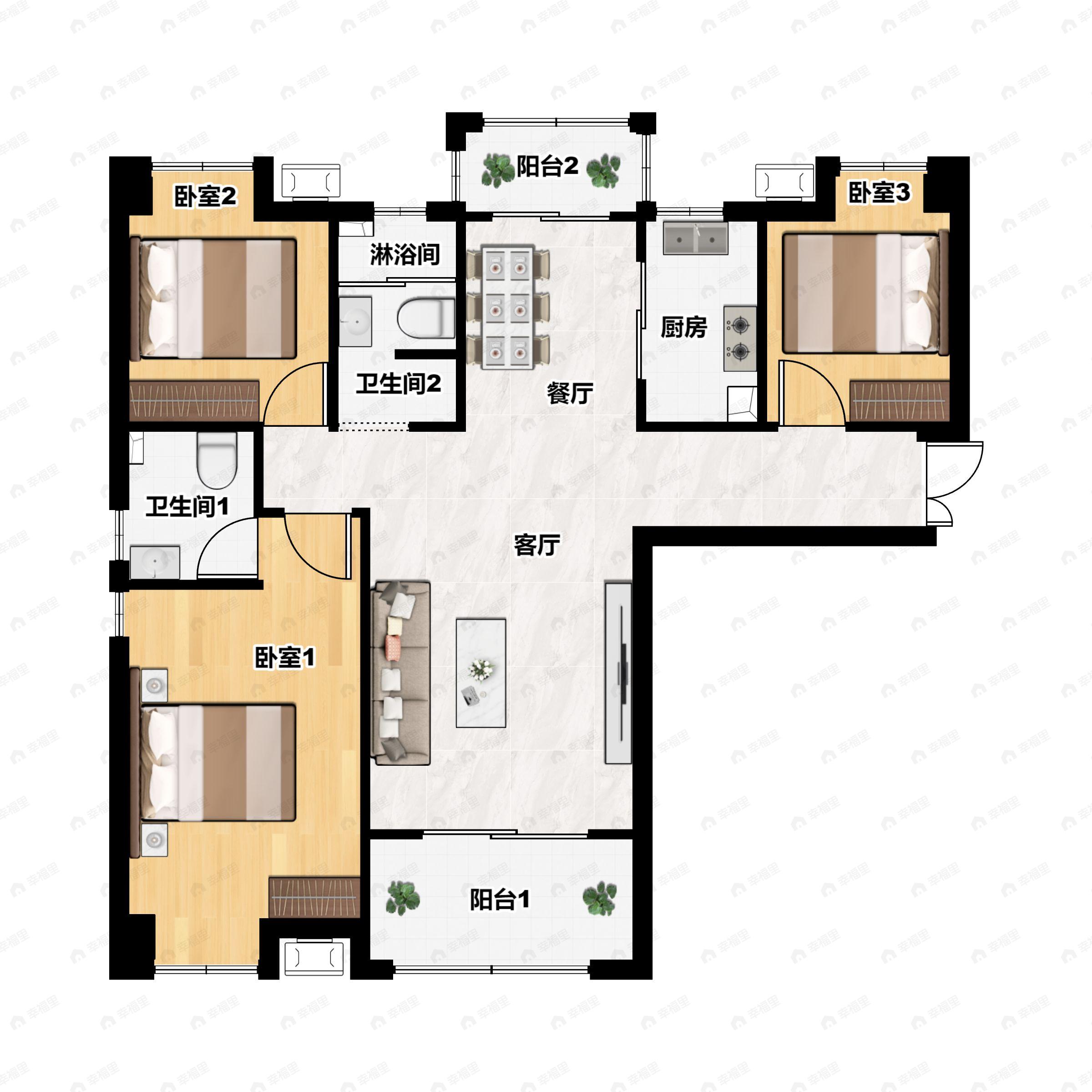 3室2厅2卫建面125平南户型图