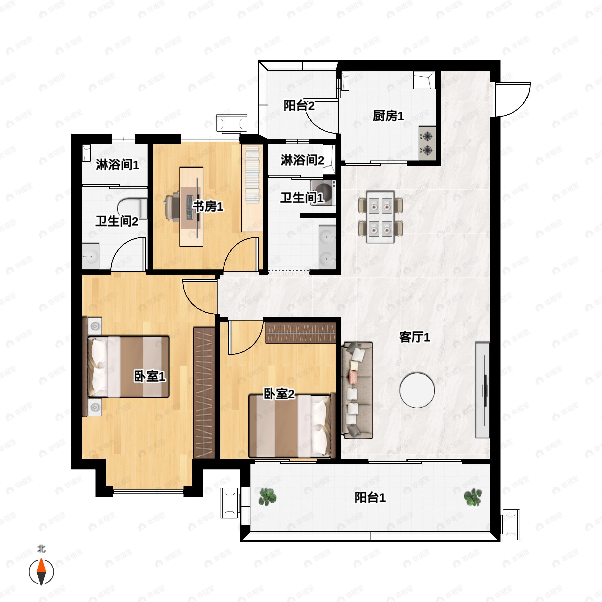 3室2厅2卫建面128m²南户型图