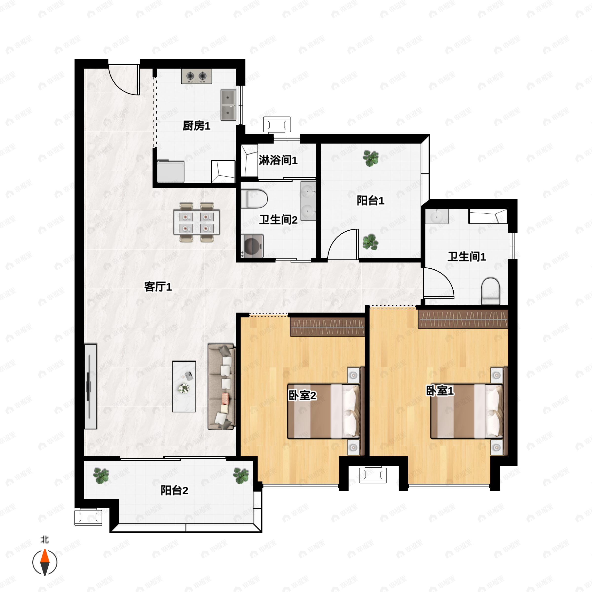 2室2厅2卫建面90平南户型图