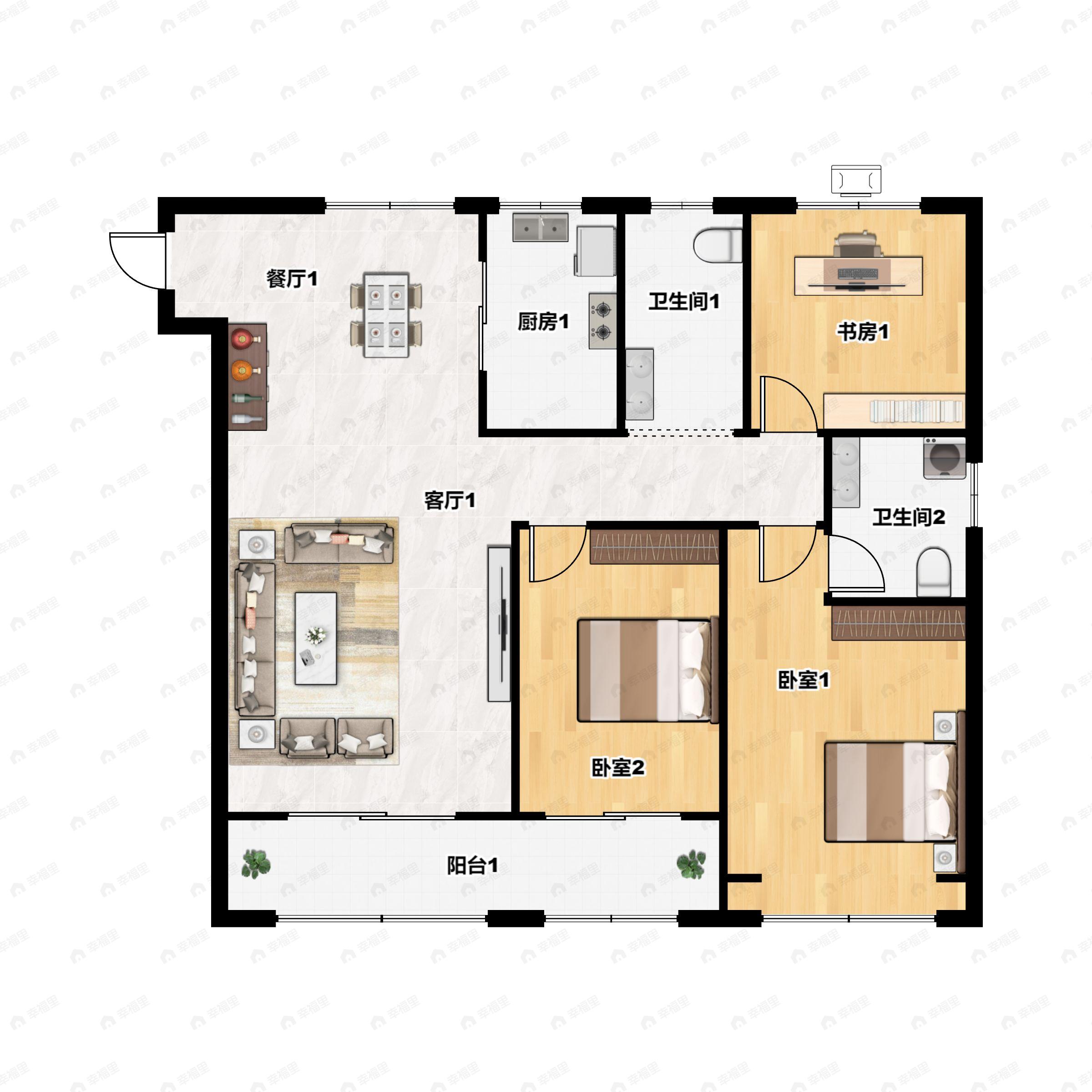 3室2厅2卫建面139m²南|北户型图