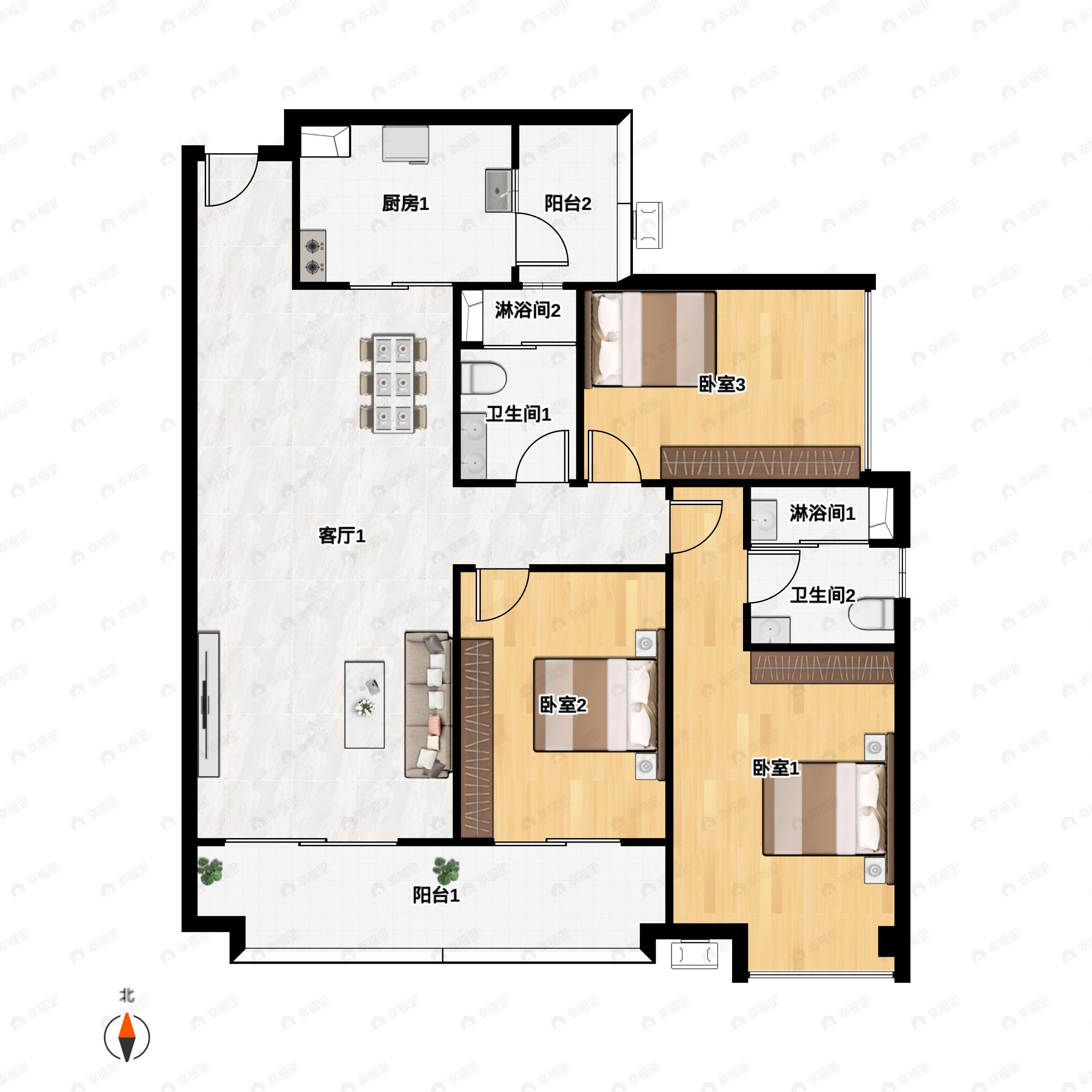 3室2厅2卫建面126平户型图