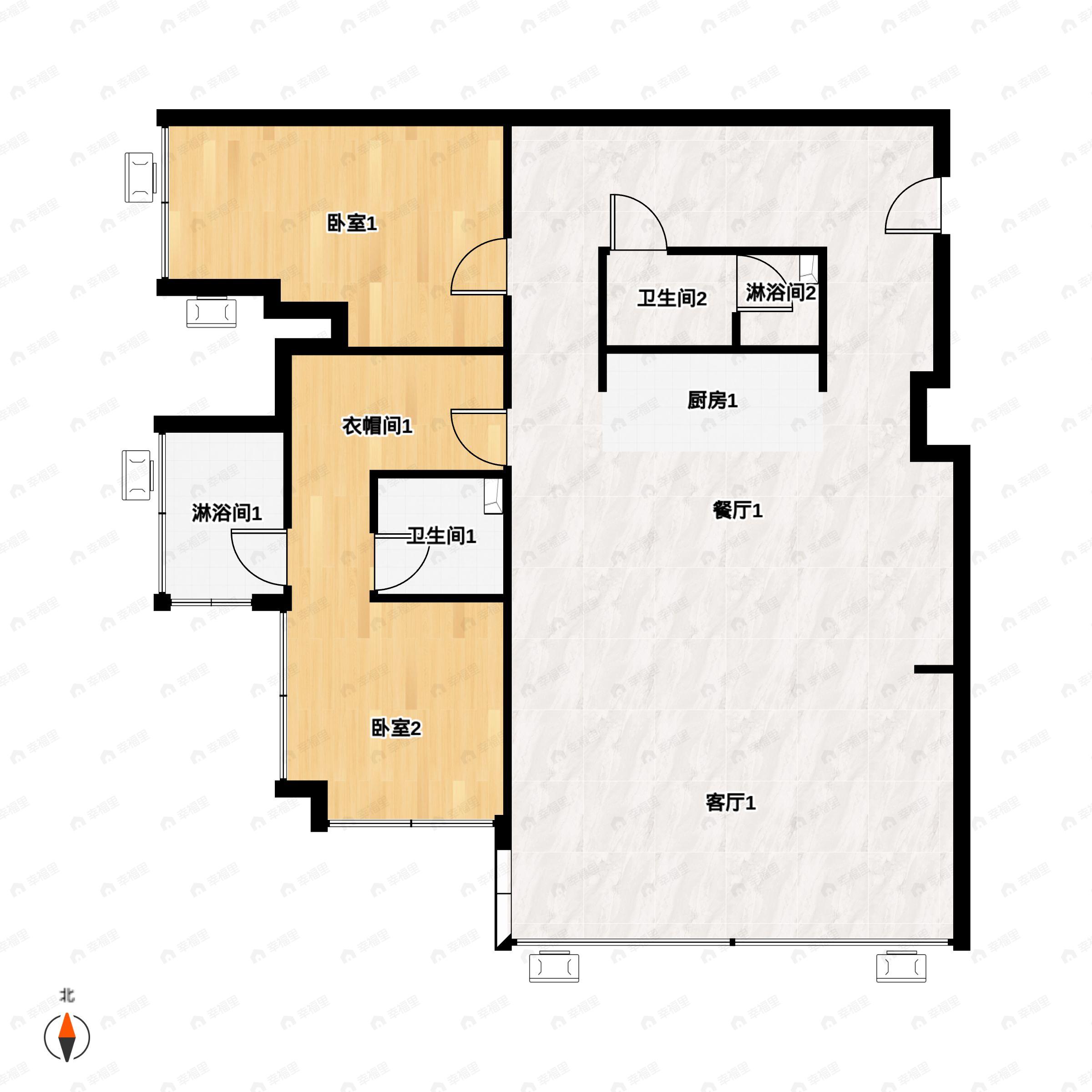2室2厅2卫建面200平西户型图