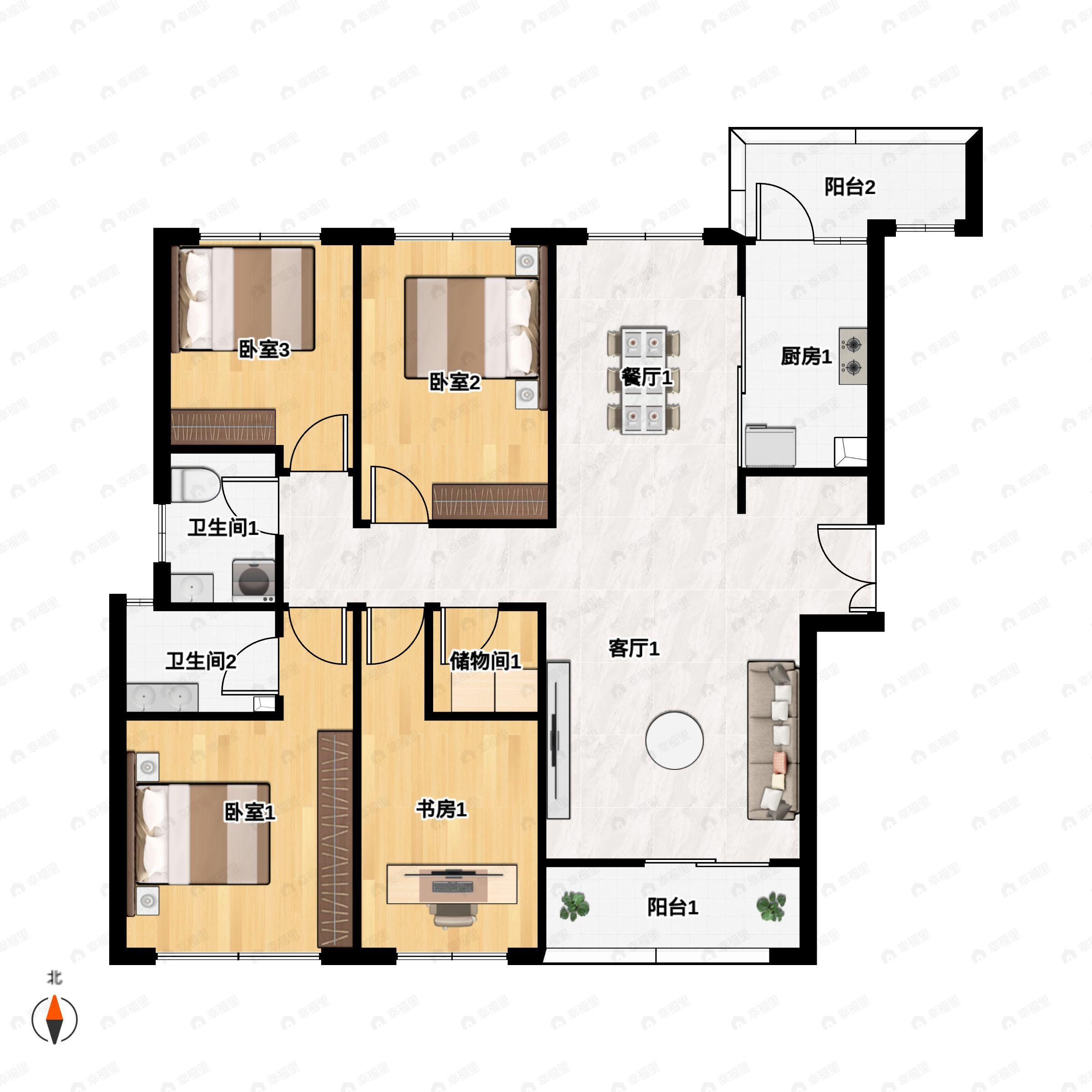 4室2厅2卫建面175平南|北户型图