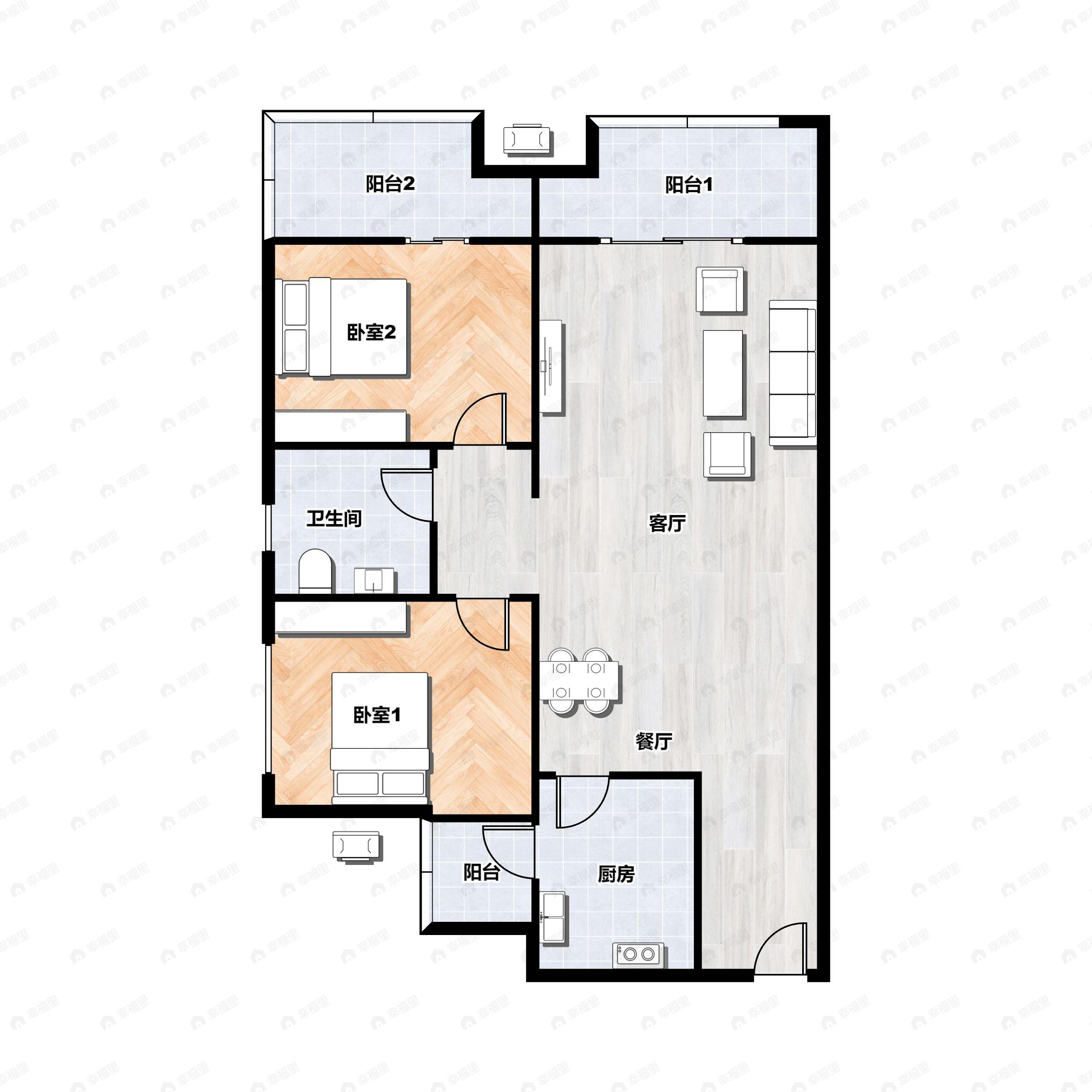 2室2厅1卫建面77m²南户型图