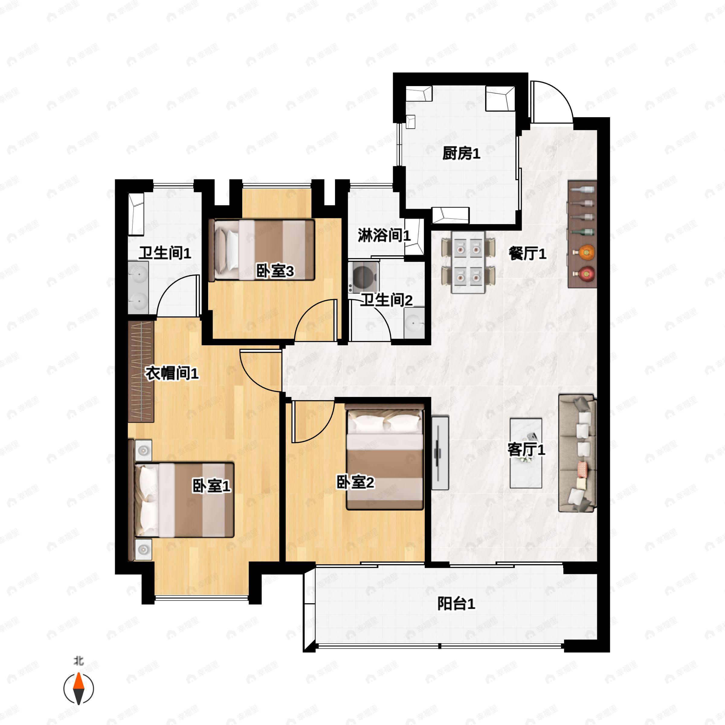 3室2厅2卫建面118平北|南户型图