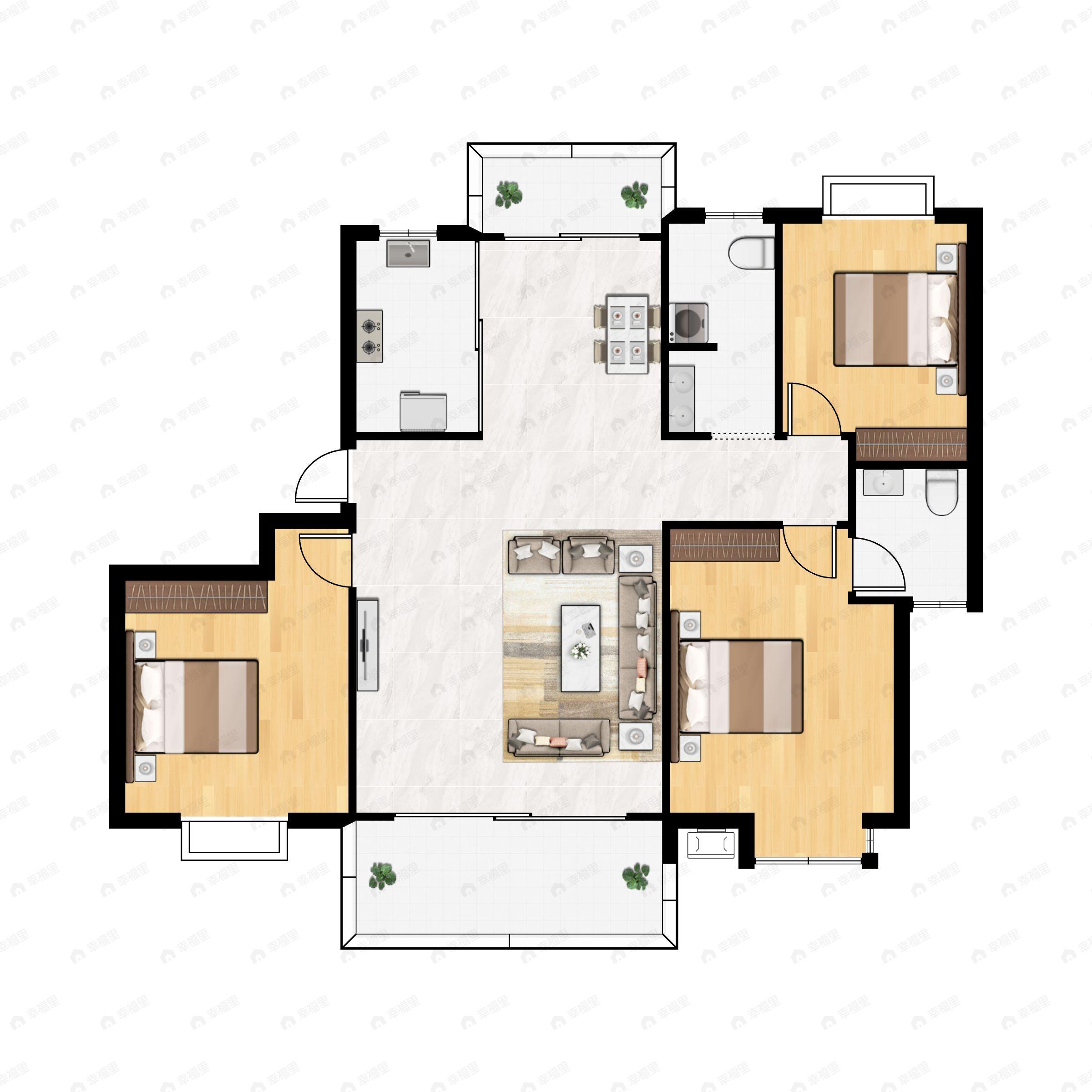 3室2厅2卫建面128m²南户型图