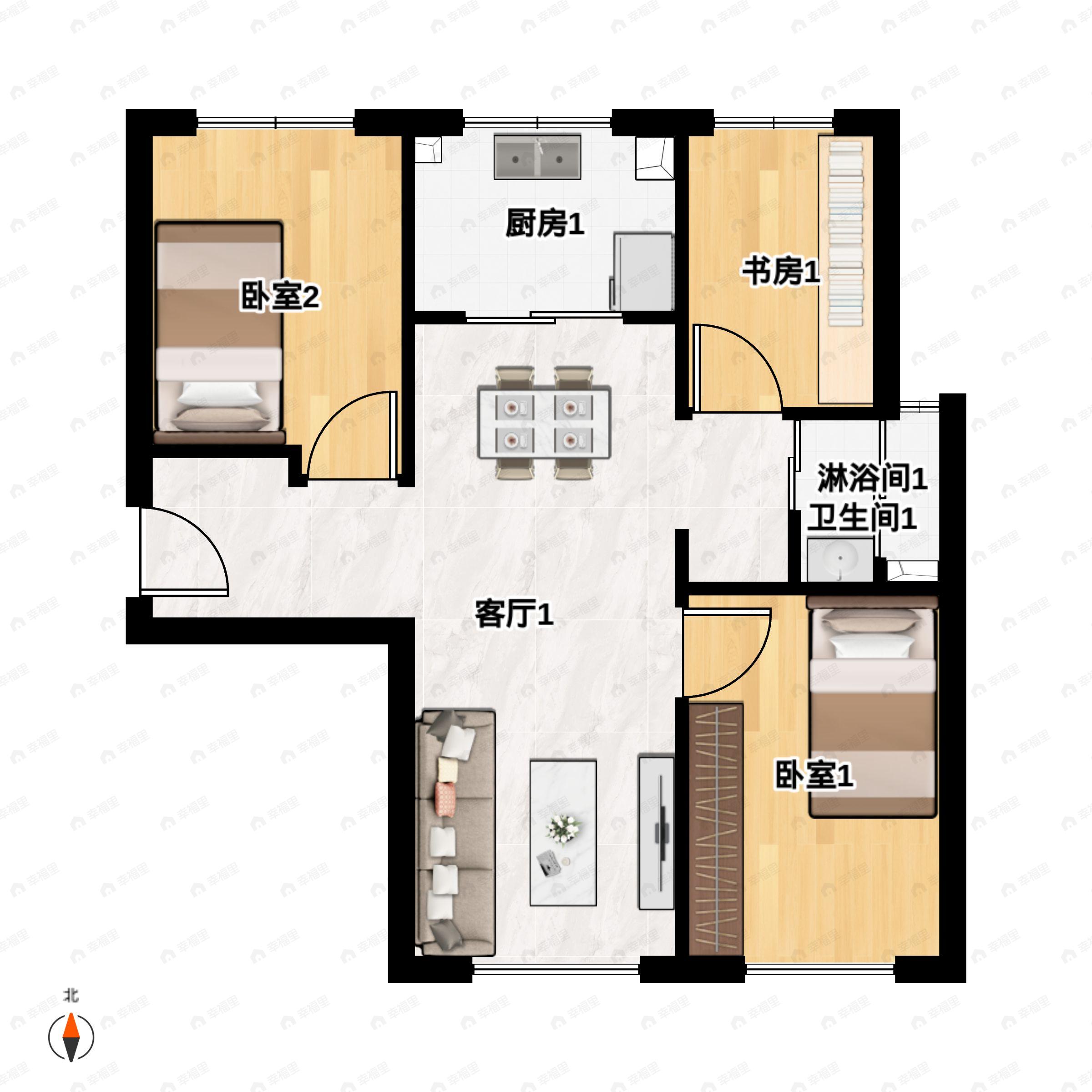 3室2厅1卫建面82平北|南户型图
