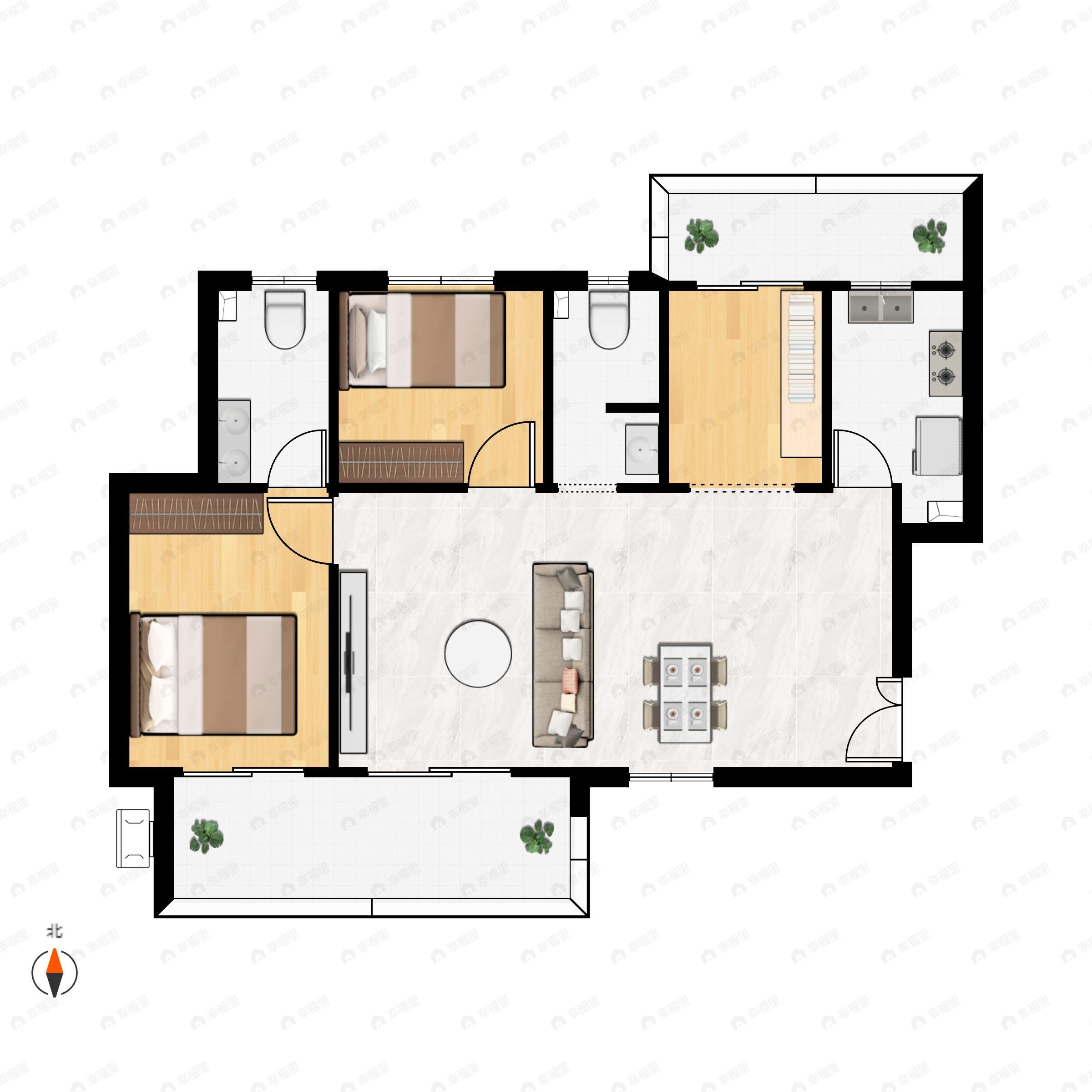 3室2厅2卫建面105平南户型图