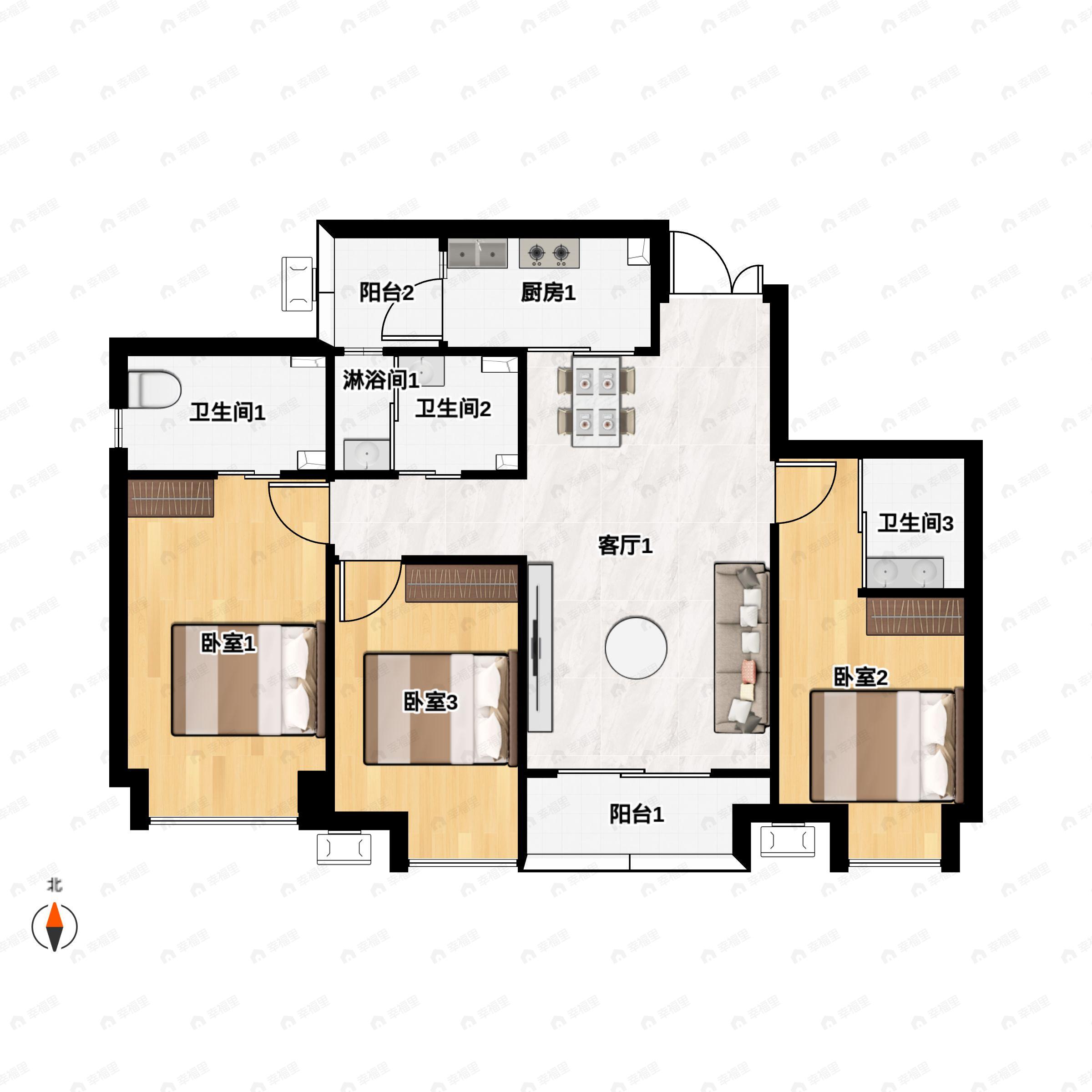 3室2厅3卫建面120平南户型图