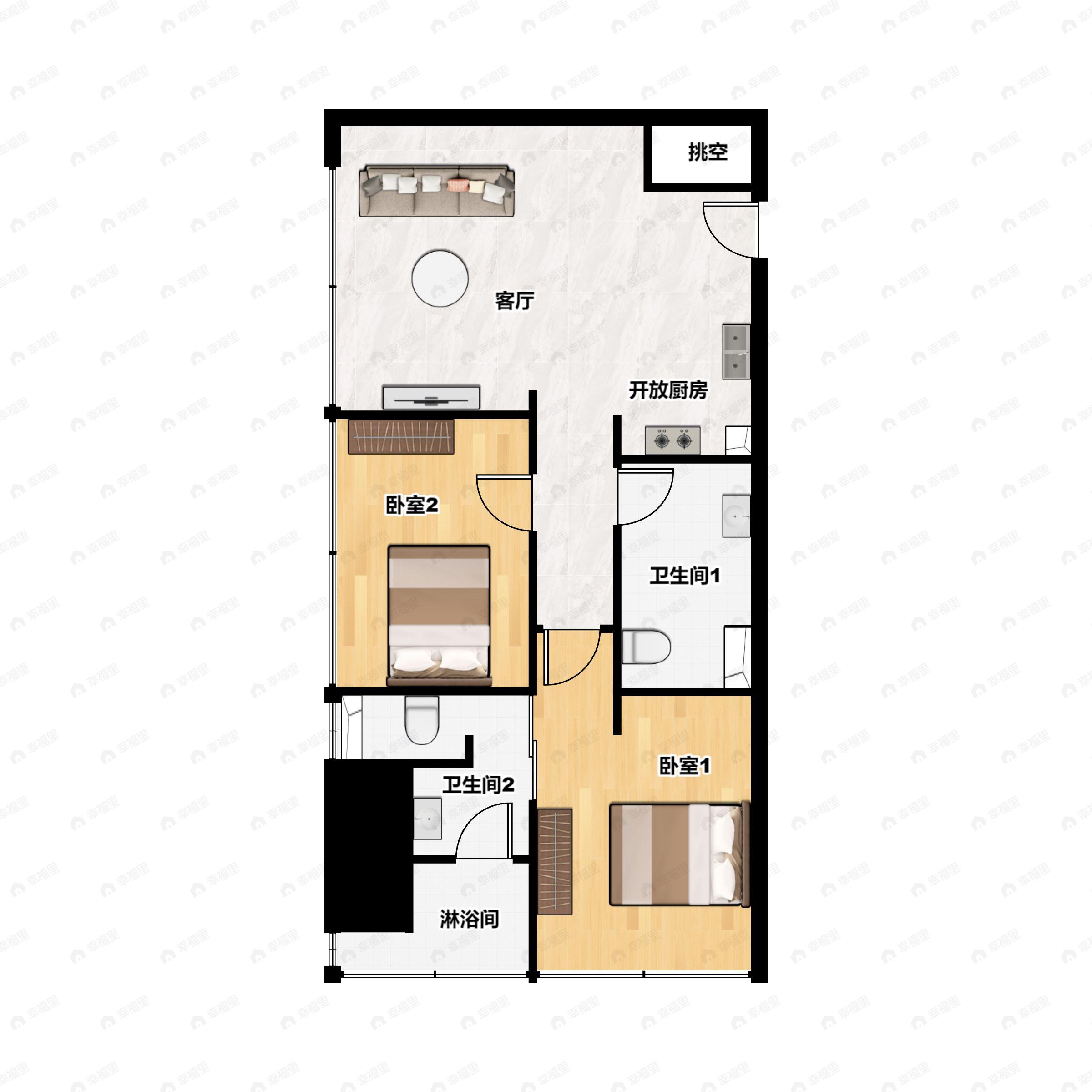 2室2厅2卫建面117平南|西户型图