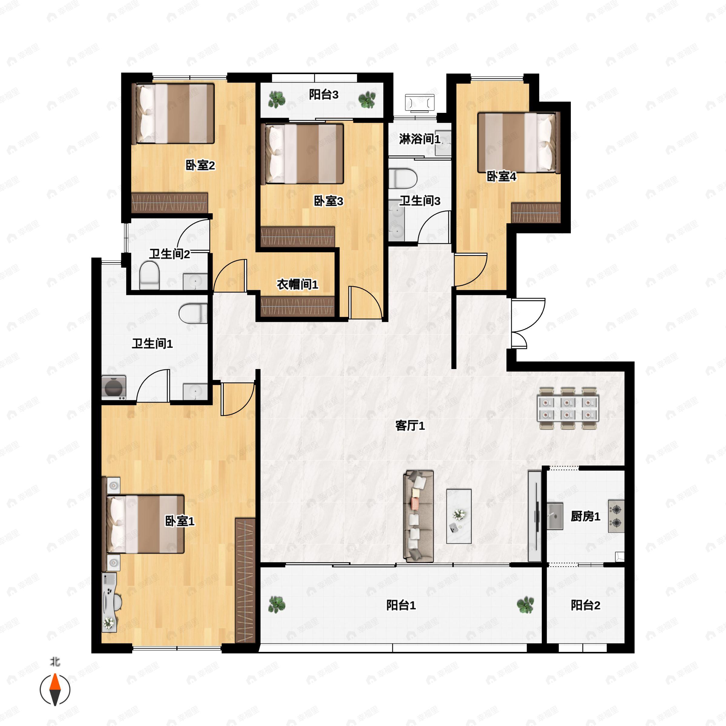 4室2厅3卫建面198m²西南|南户型图