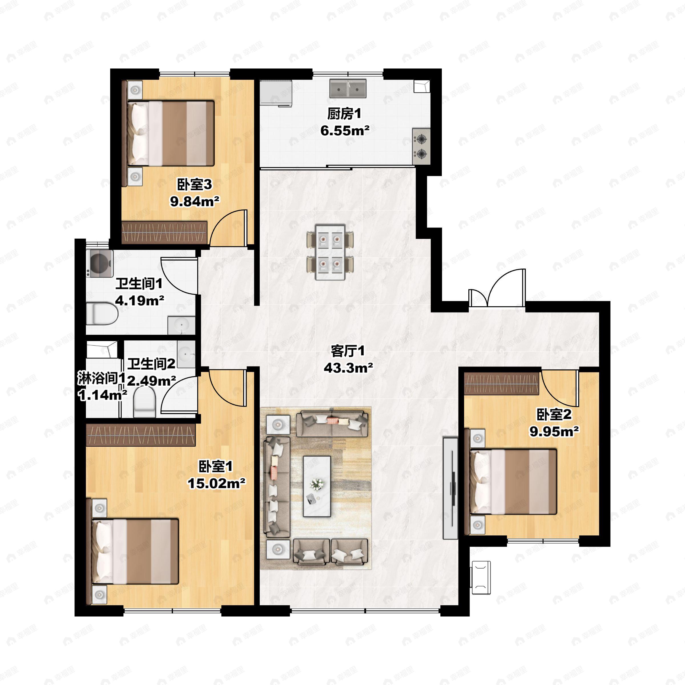 3室2厅2卫建面118平户型图