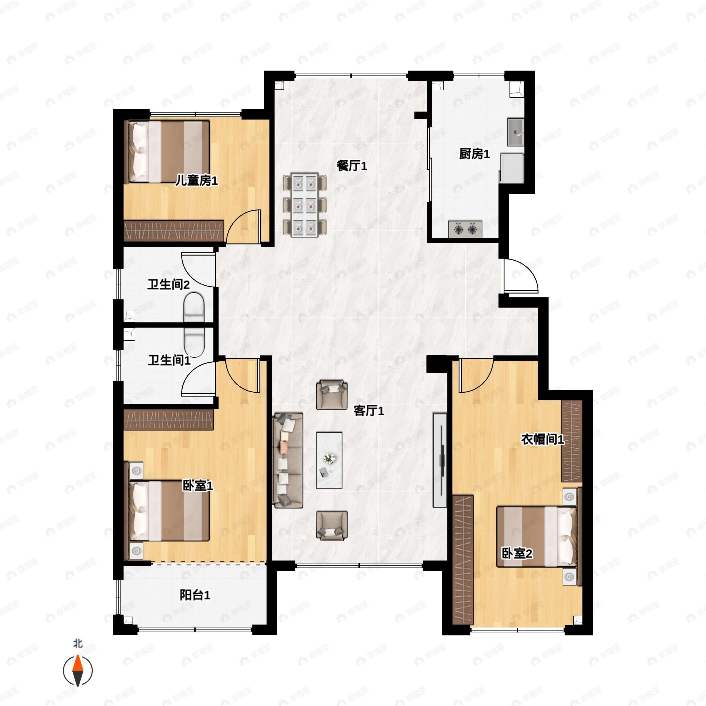 3室2厅2卫建面135m²户型图