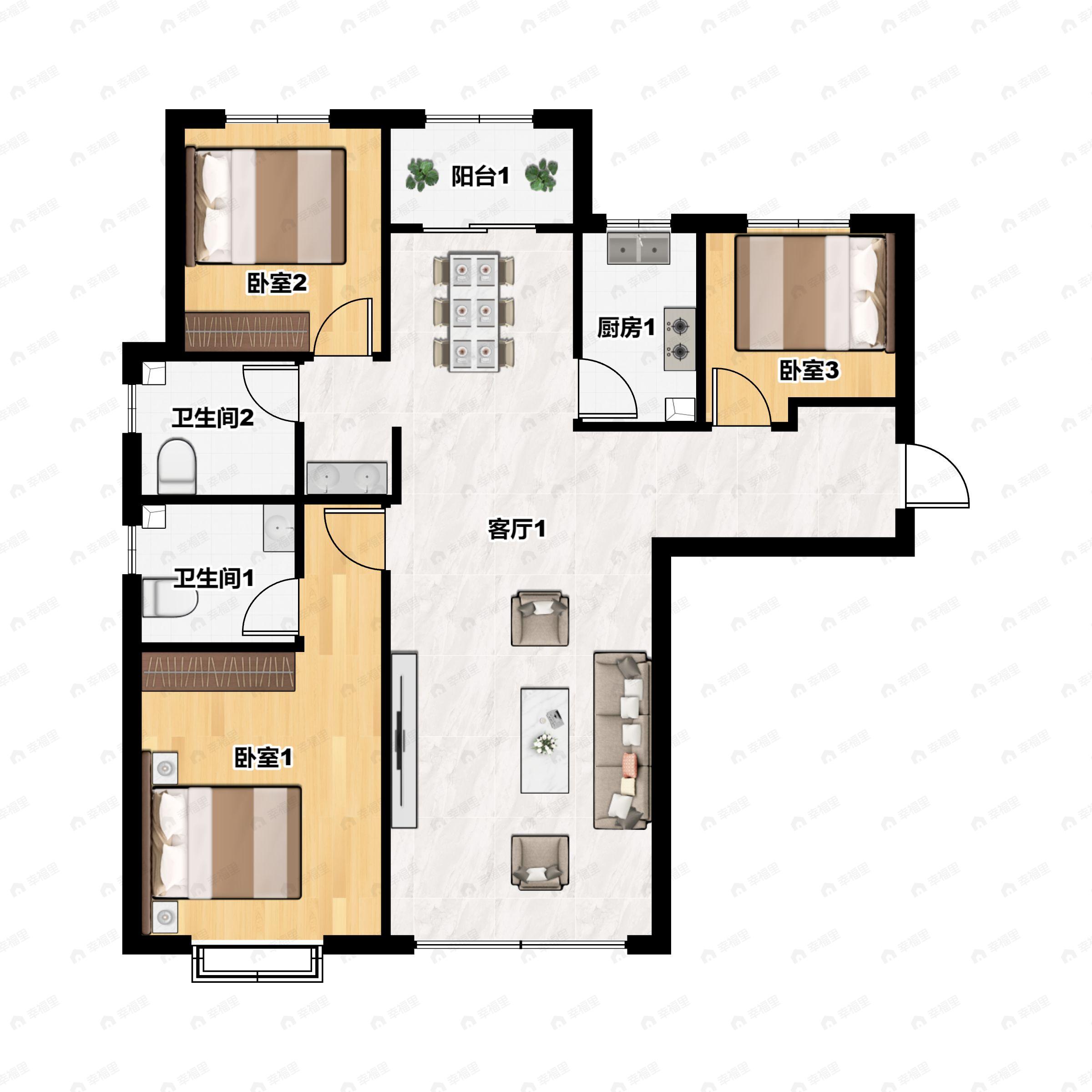 3室2厅2卫建面123平东|西|南|北户型图