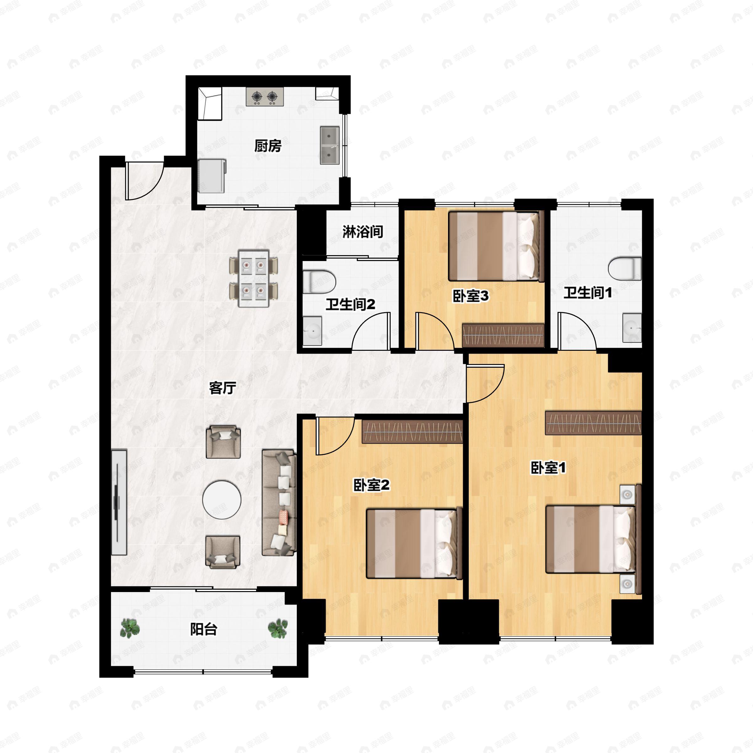 3室2厅2卫建面106平南户型图