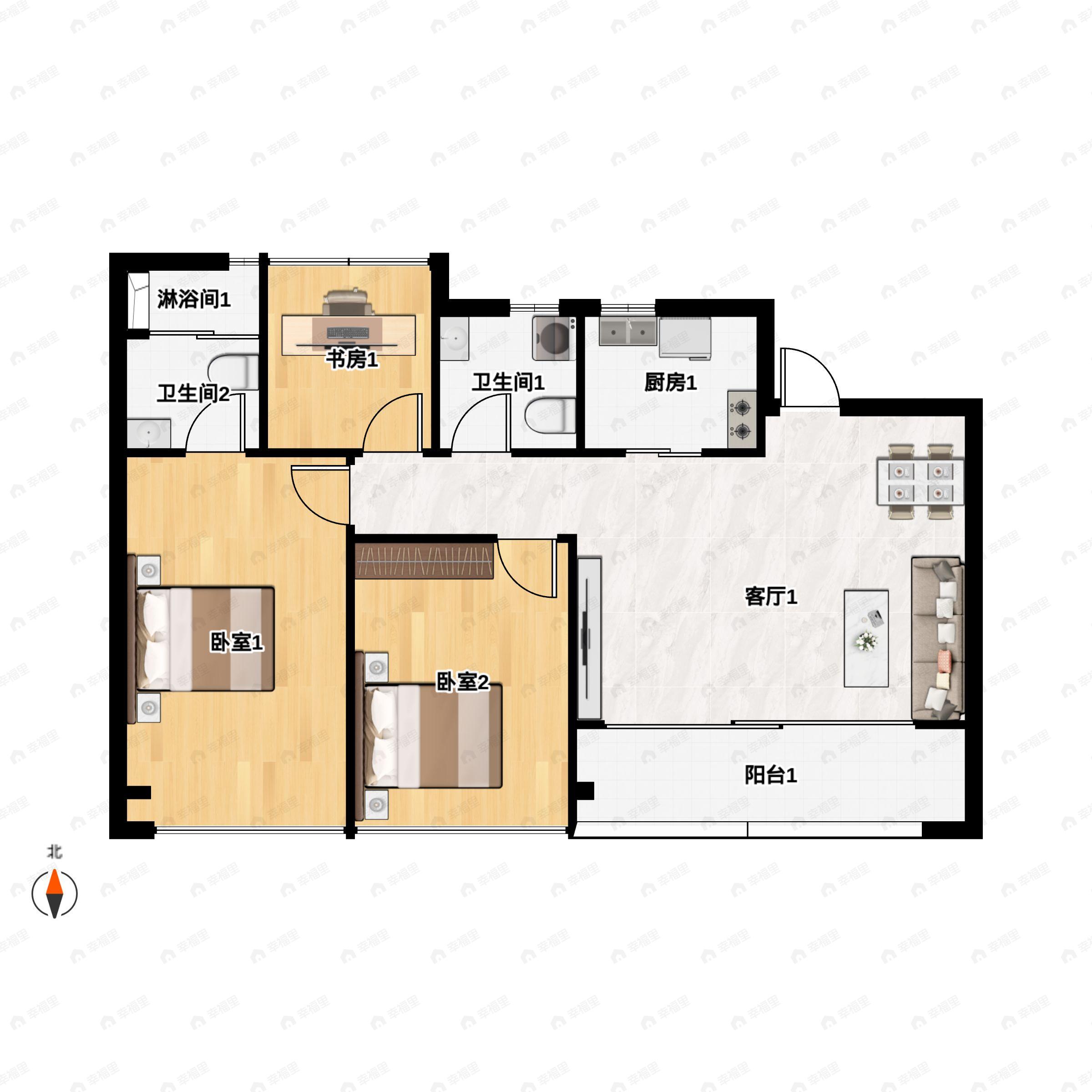 3室2厅2卫建面95m²南户型图