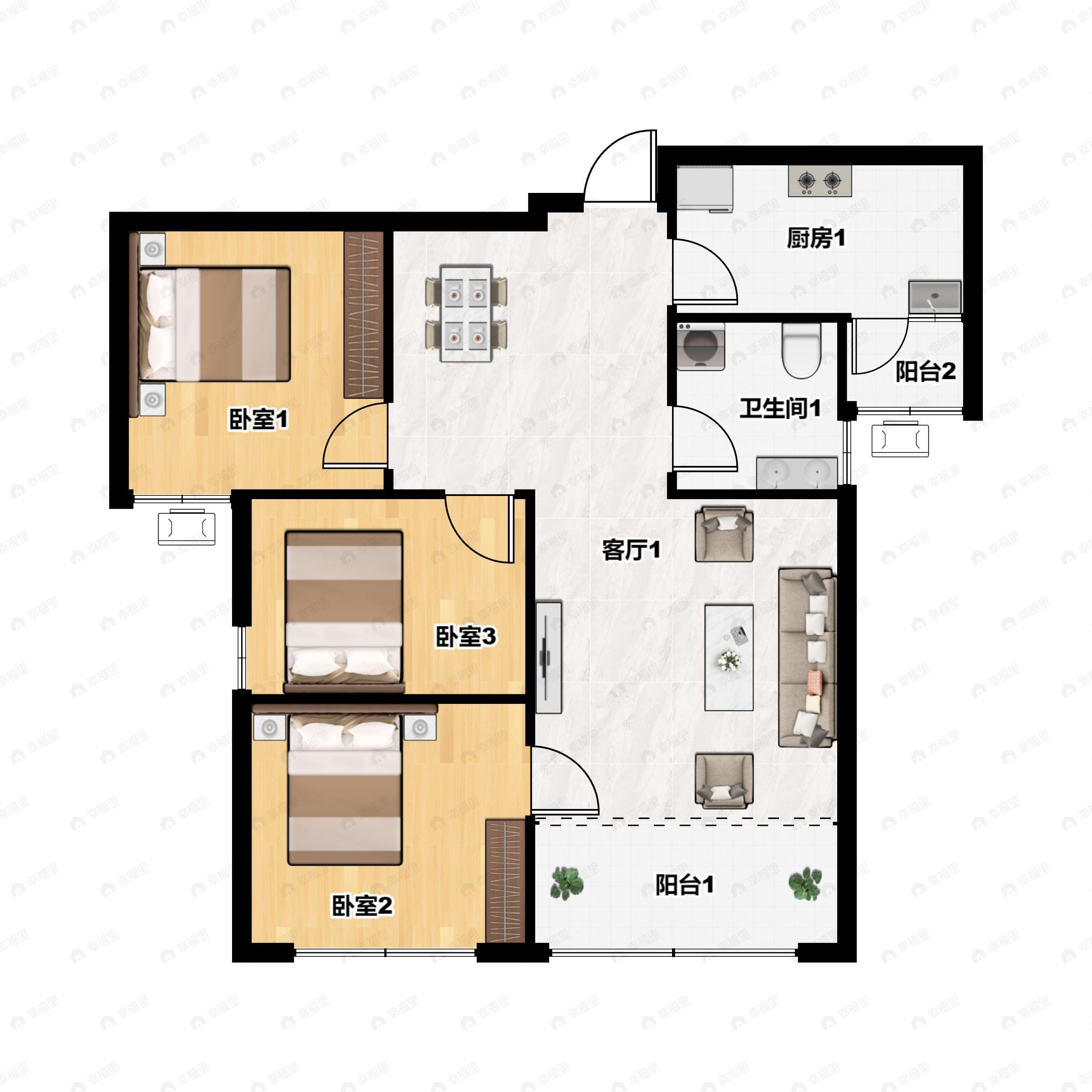3室2厅1卫建面109m²南|北户型图