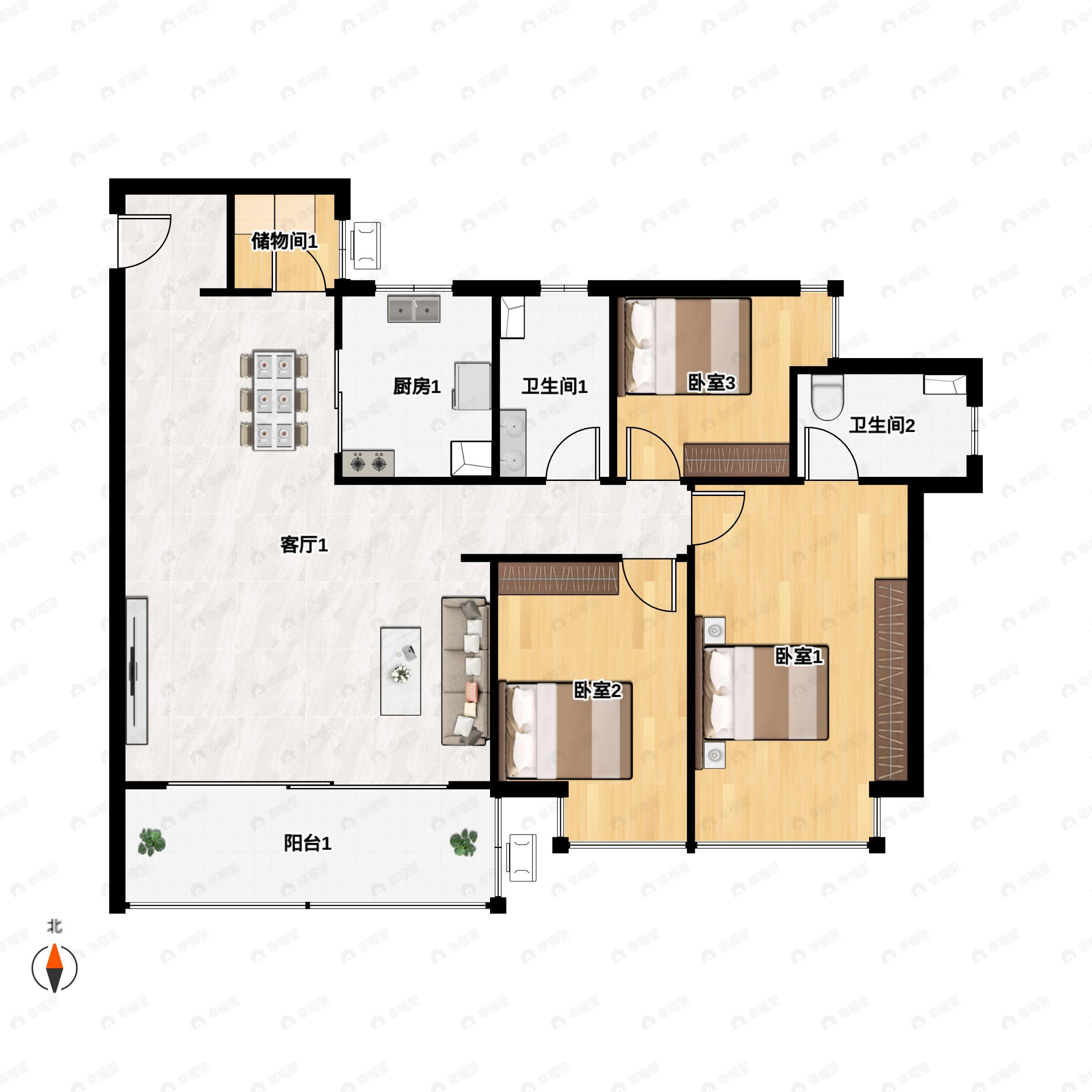 3室2厅2卫建面129m²南户型图