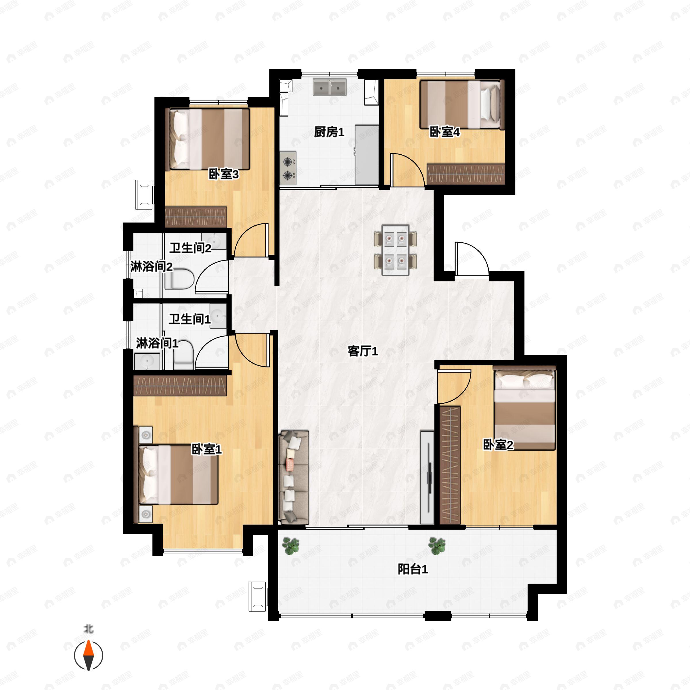 4室2厅2卫建面150平南|北户型图