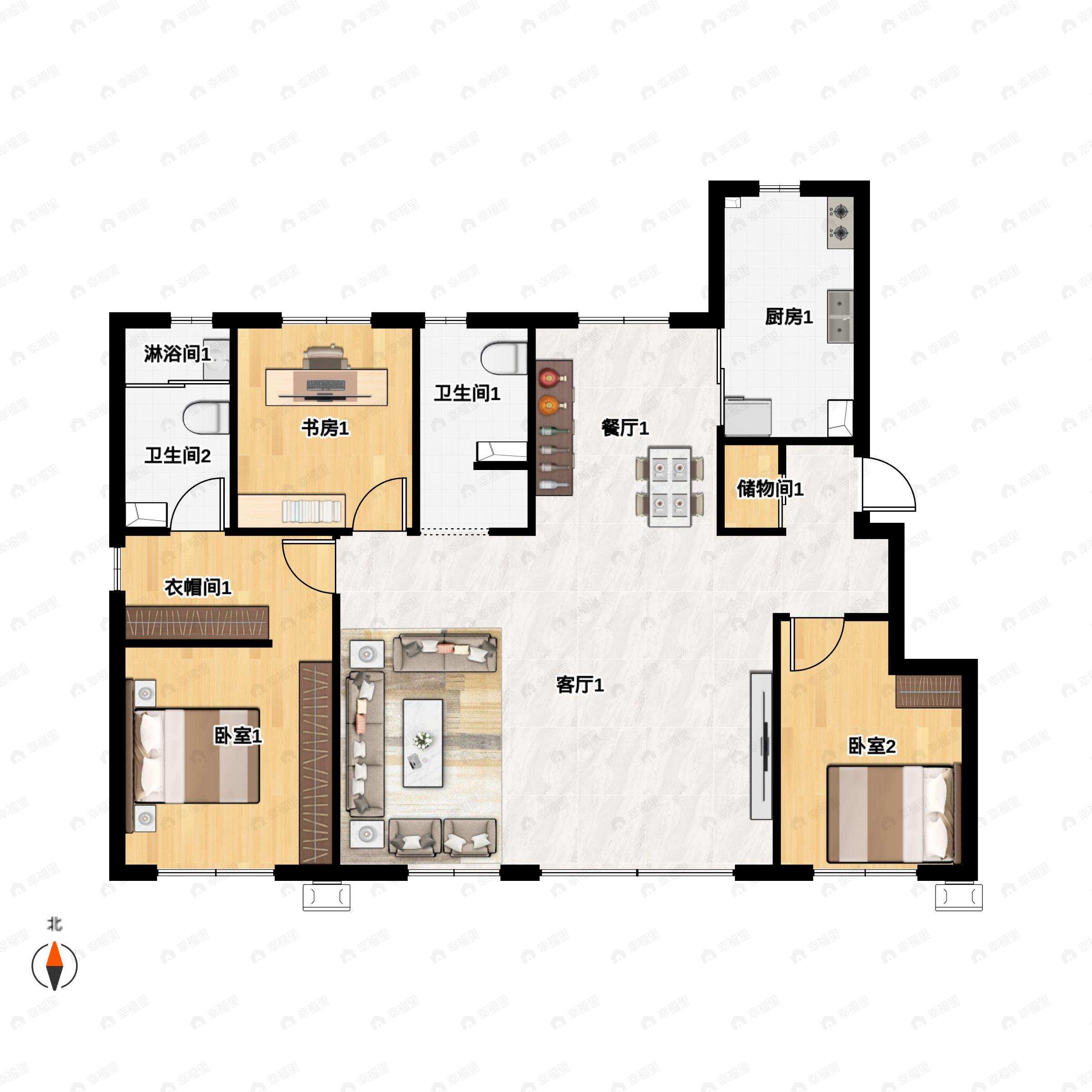 3室2厅2卫建面120平南户型图