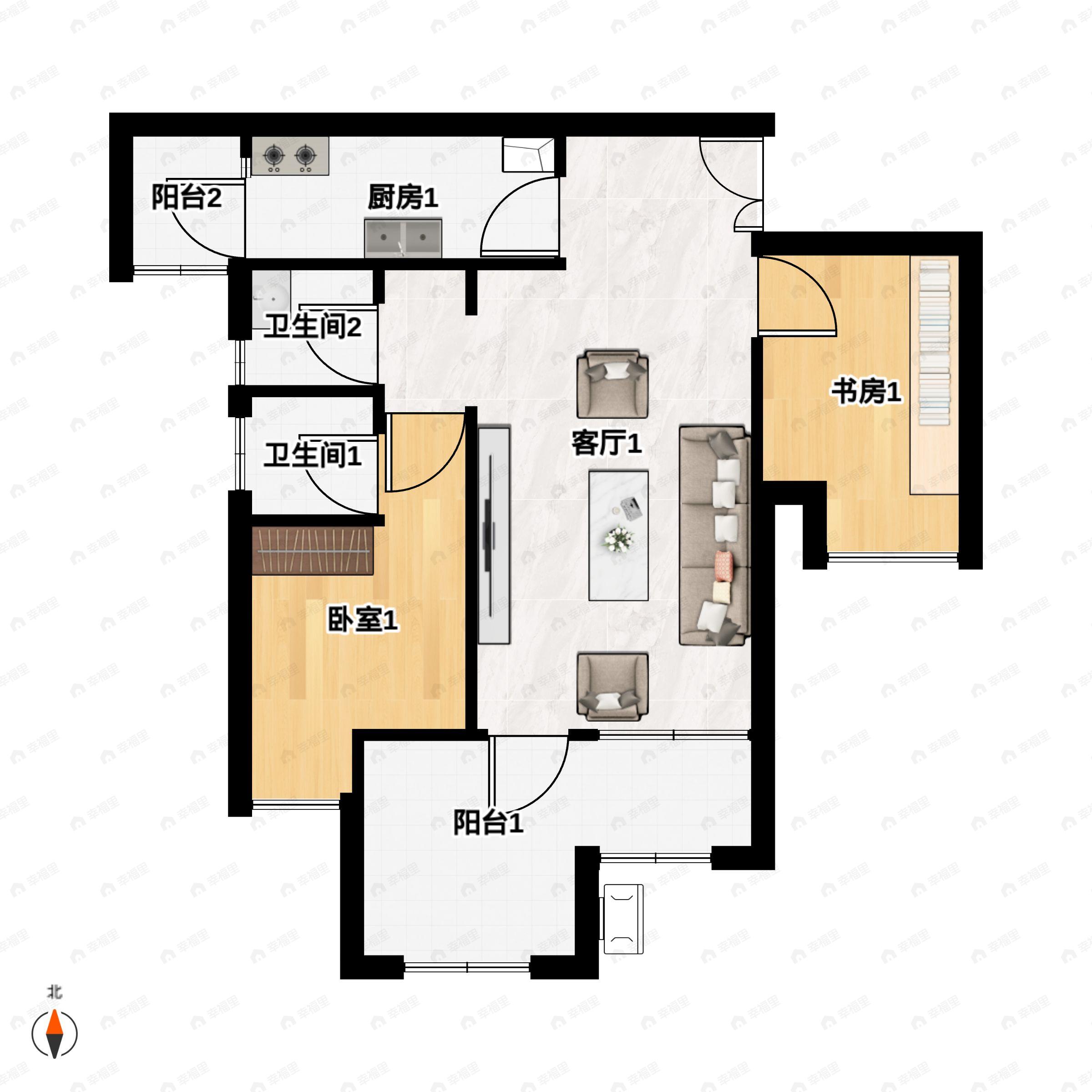 2室2厅2卫建面86平西北|东南户型图