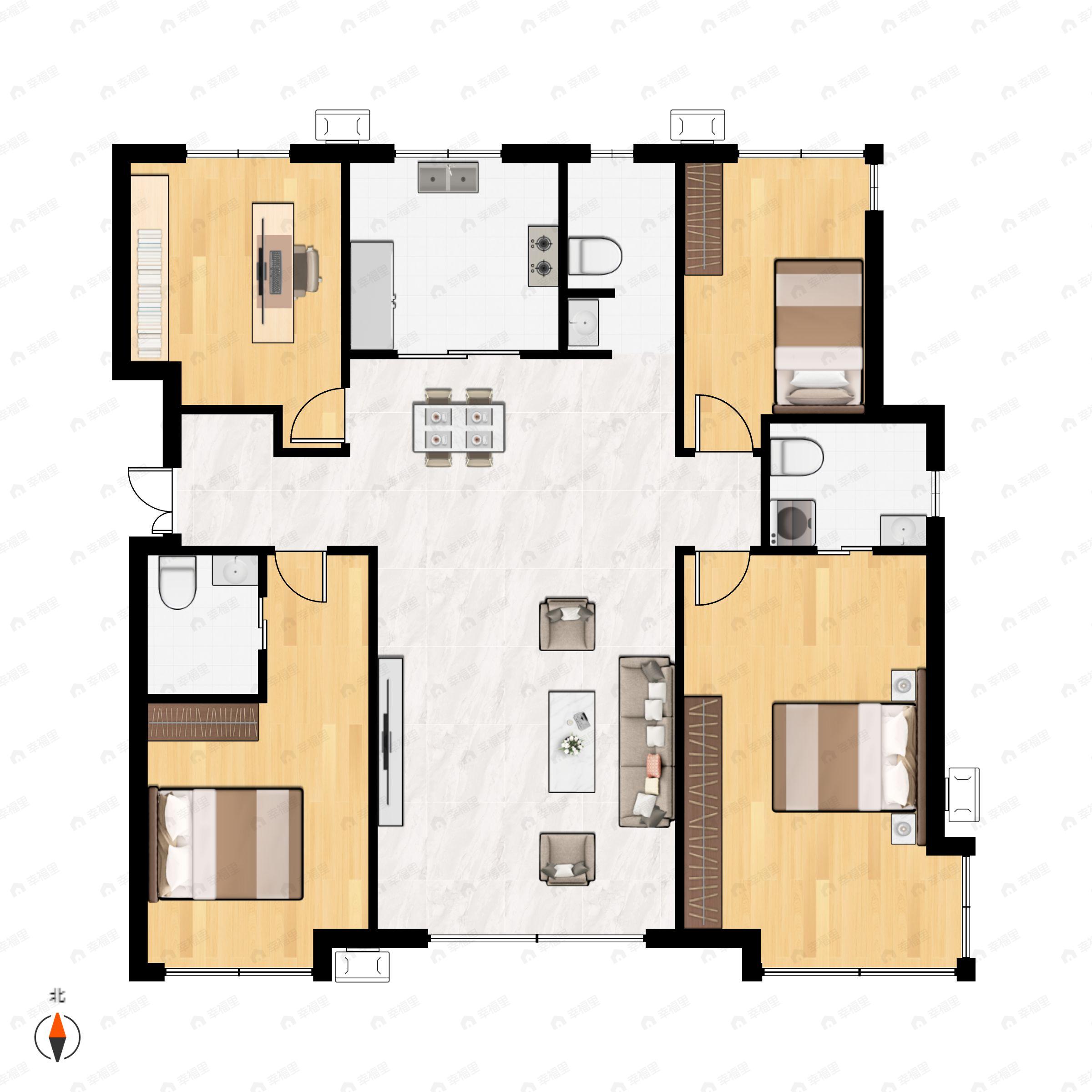 4室2厅3卫建面172平北|东|南户型图
