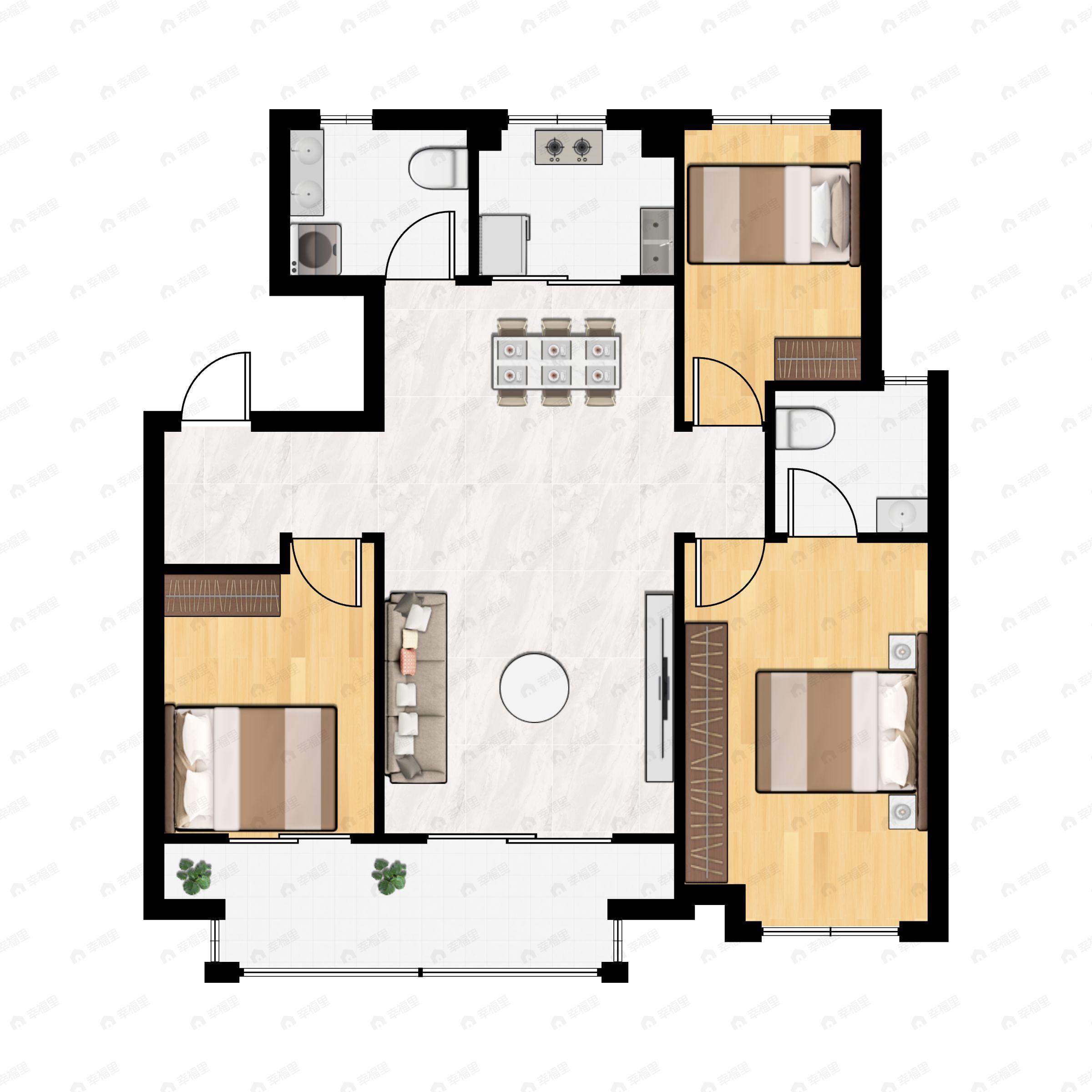 3室2厅2卫建面117m²南|北户型图