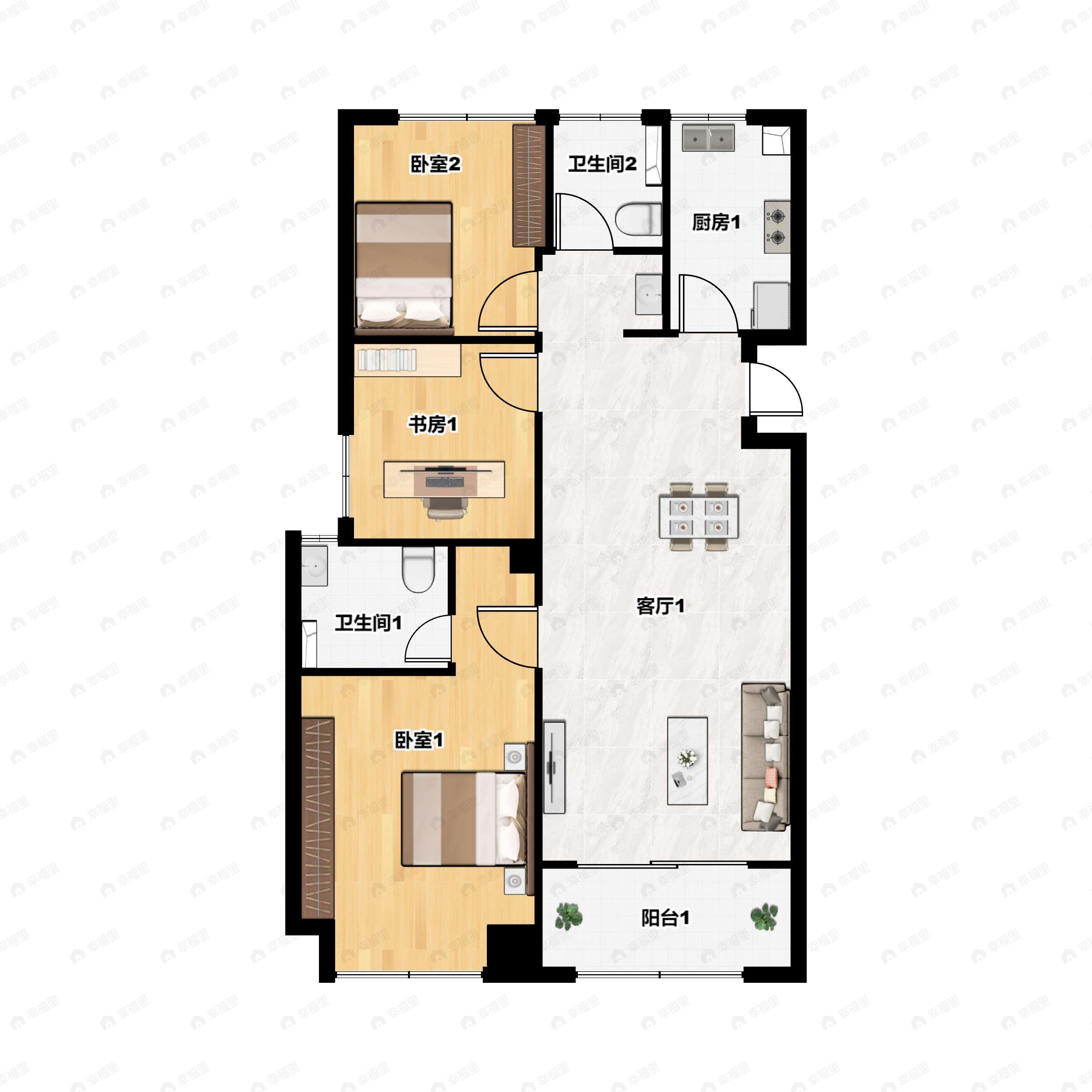 3室2厅2卫建面90m²南|北户型图