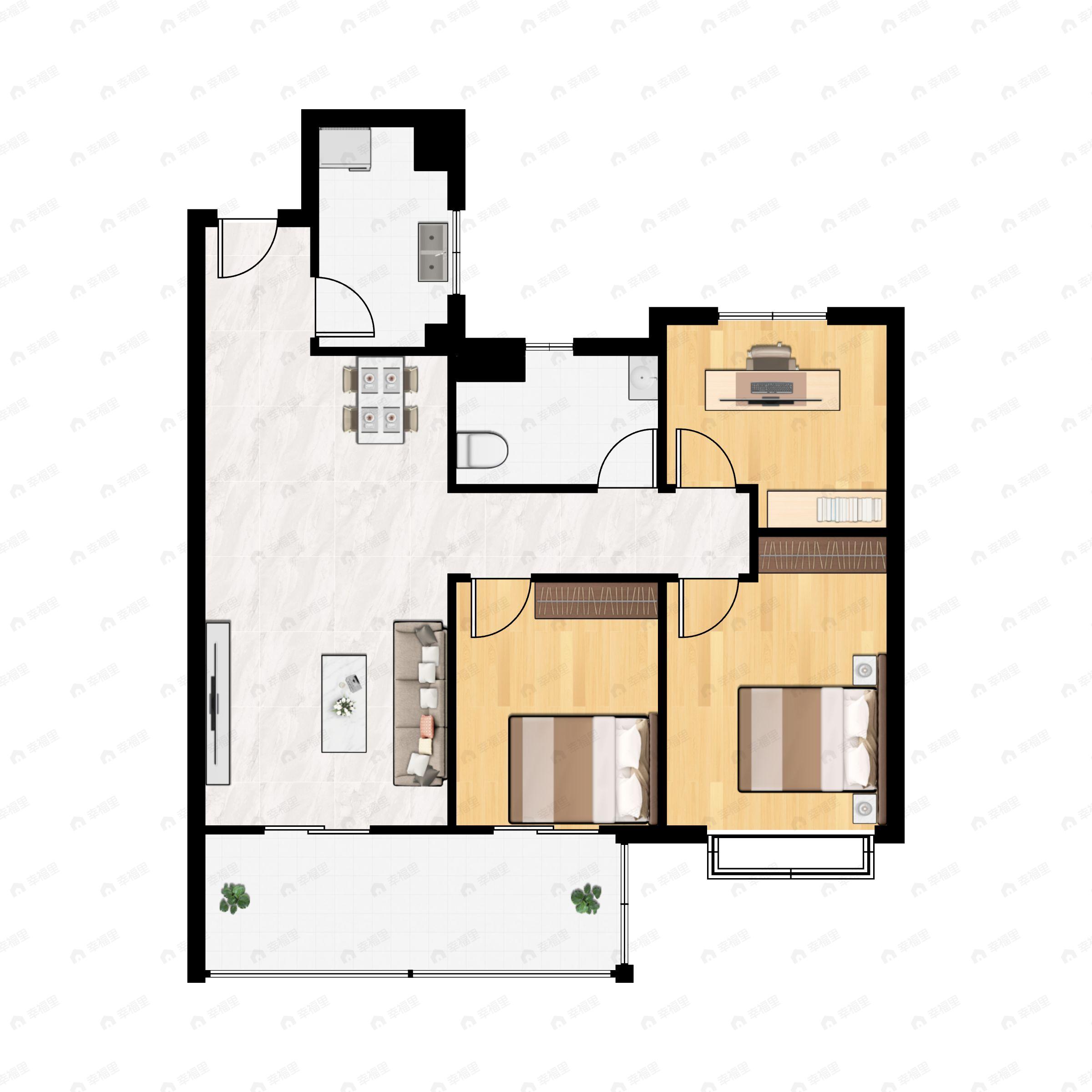 3室2厅1卫建面90m²南户型图