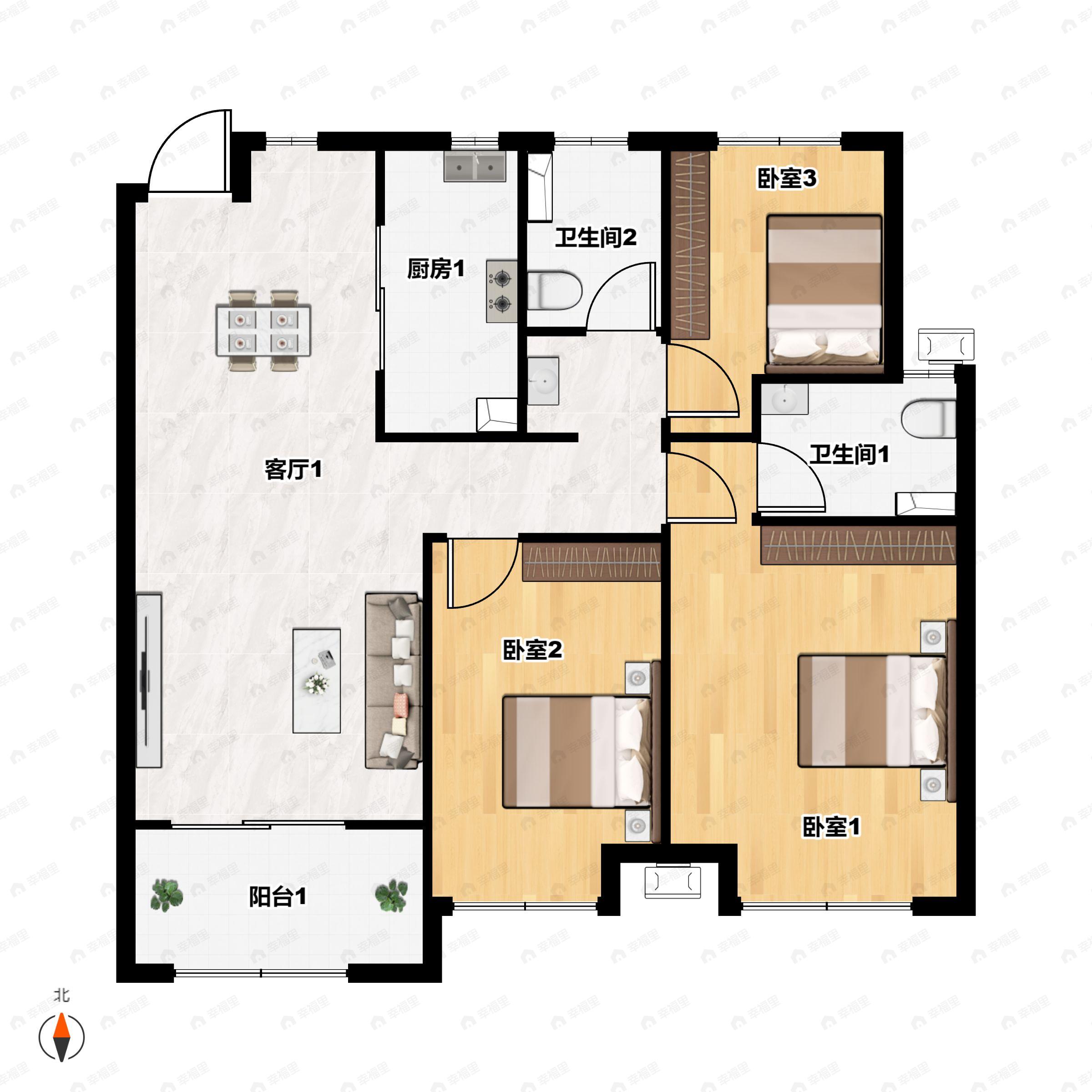 3室2厅2卫建面114平南户型图
