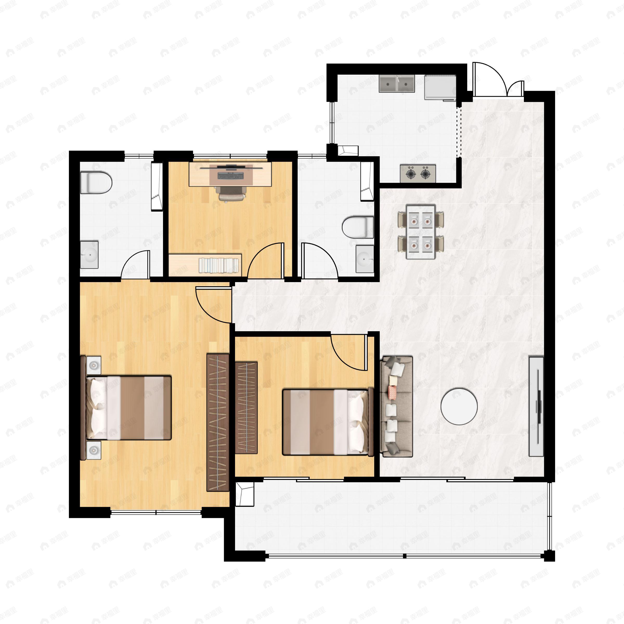 3室2厅2卫建面89m²南户型图