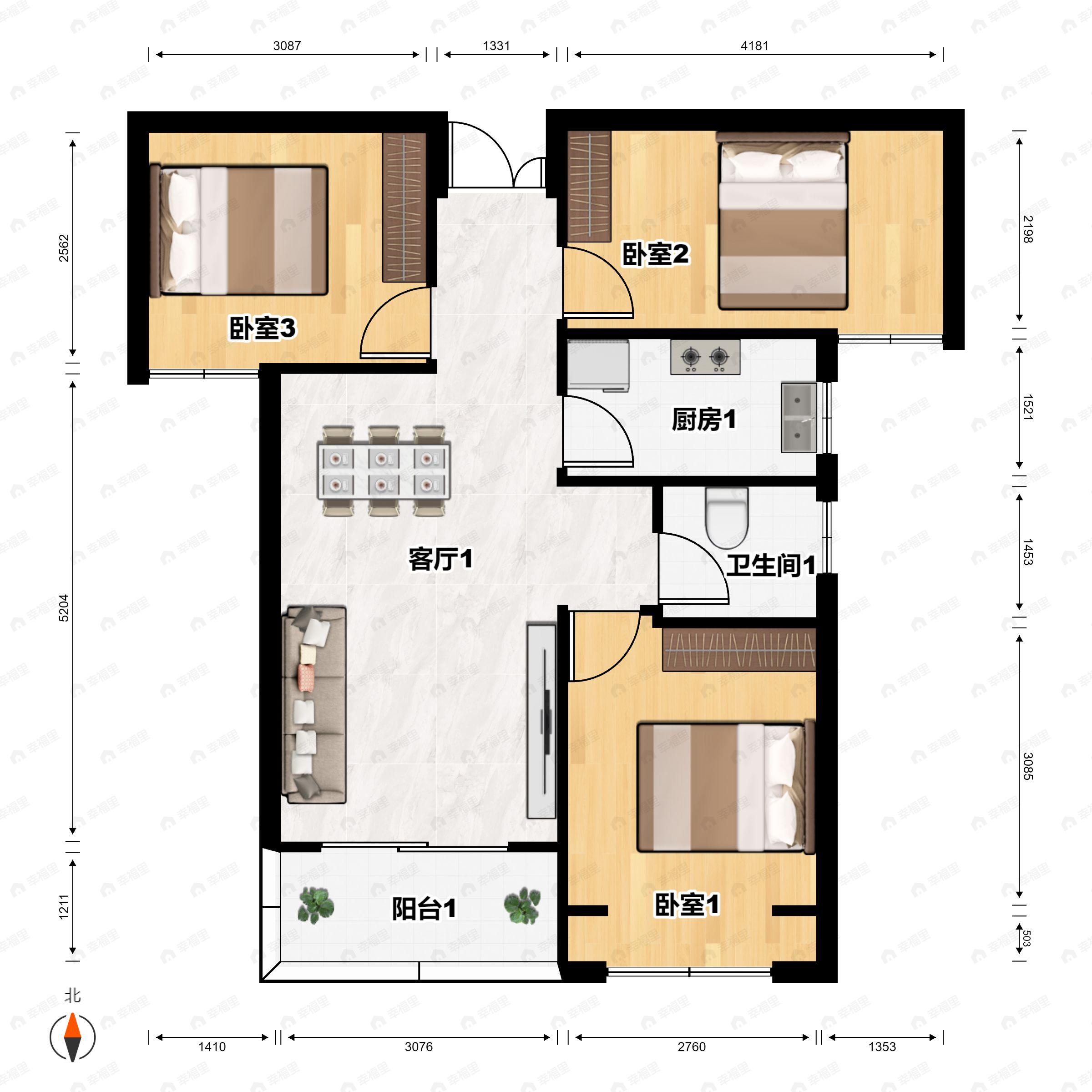 3室2厅1卫建面104平户型图