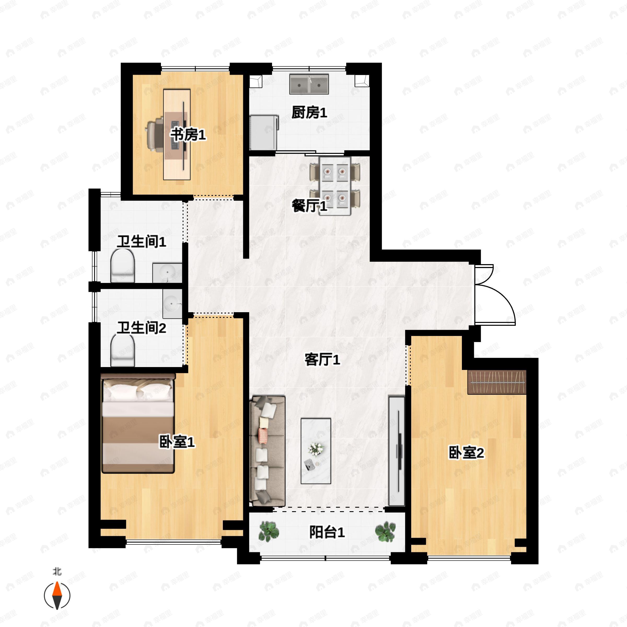 3室2厅2卫建面128m²北|南户型图