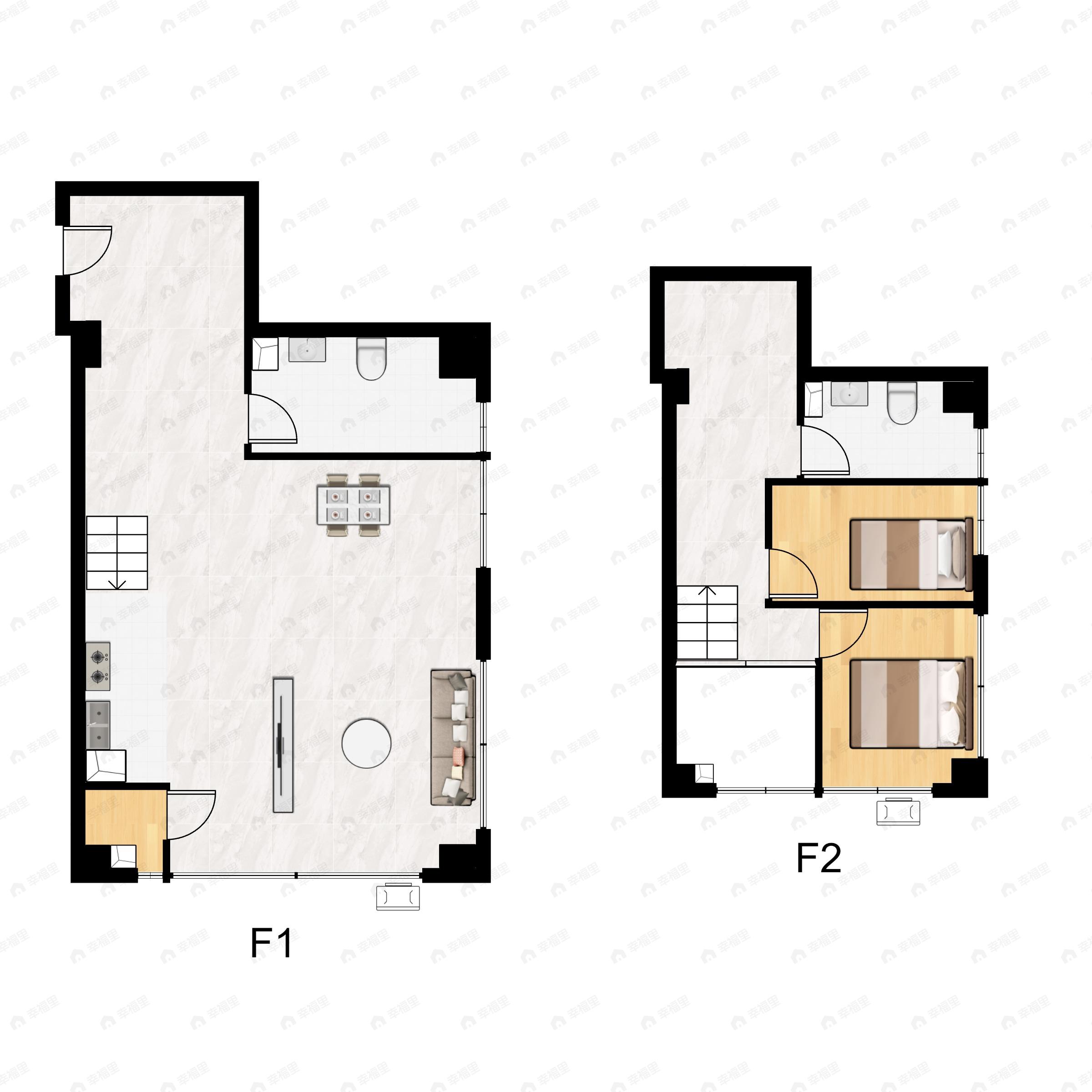 2室1厅2卫建面58平南|东北户型图