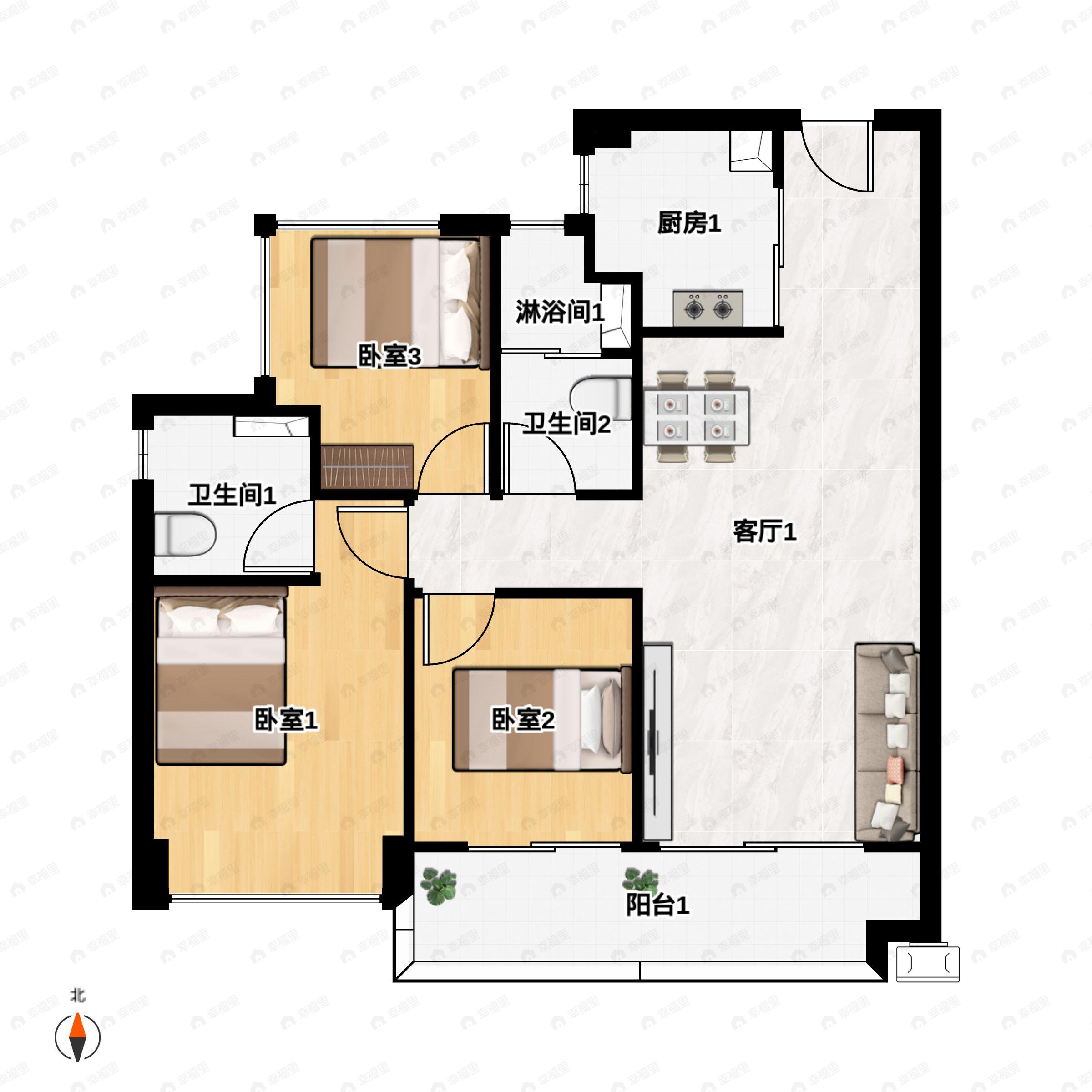 3室2厅2卫建面89平户型图