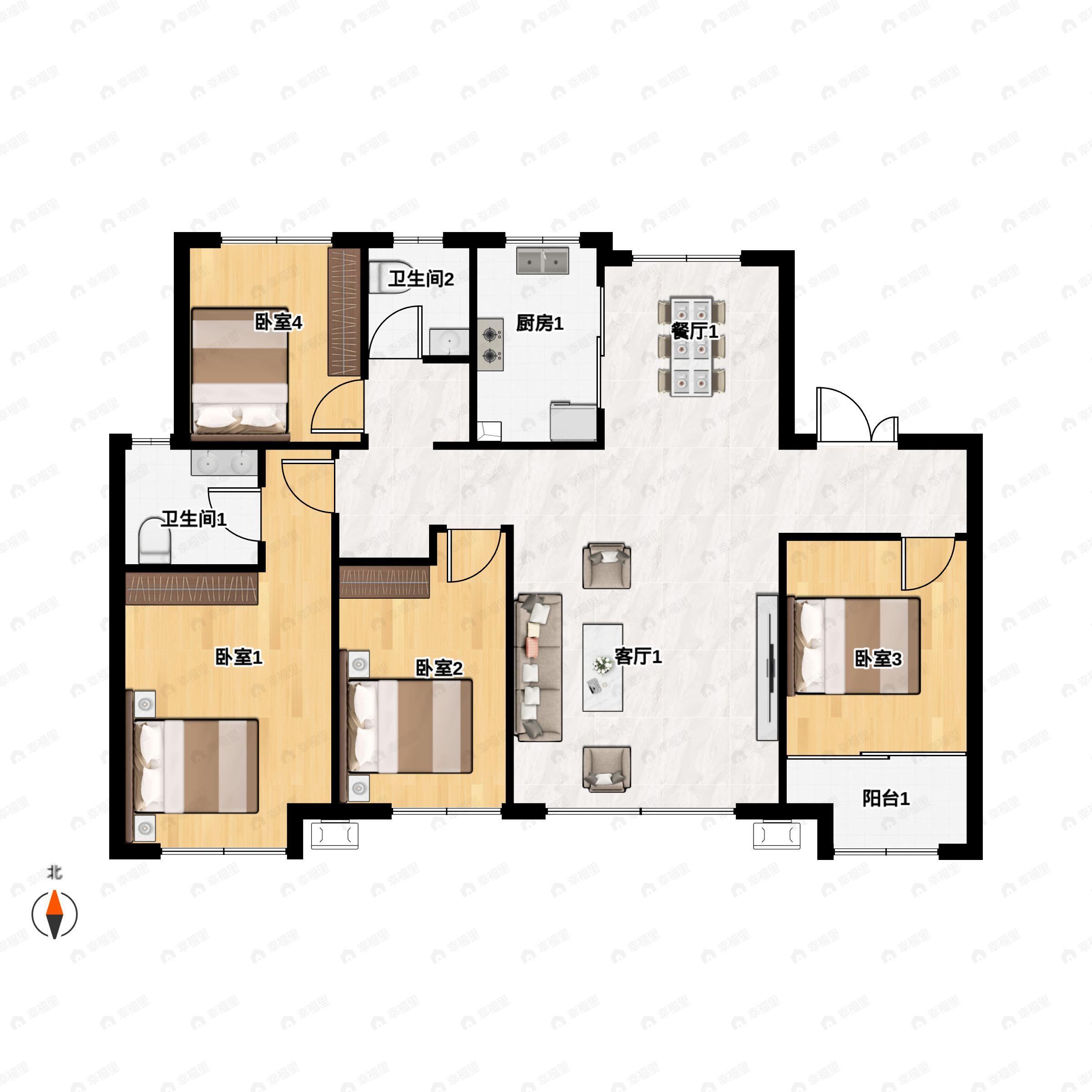 4室2厅2卫建面141平北|南户型图