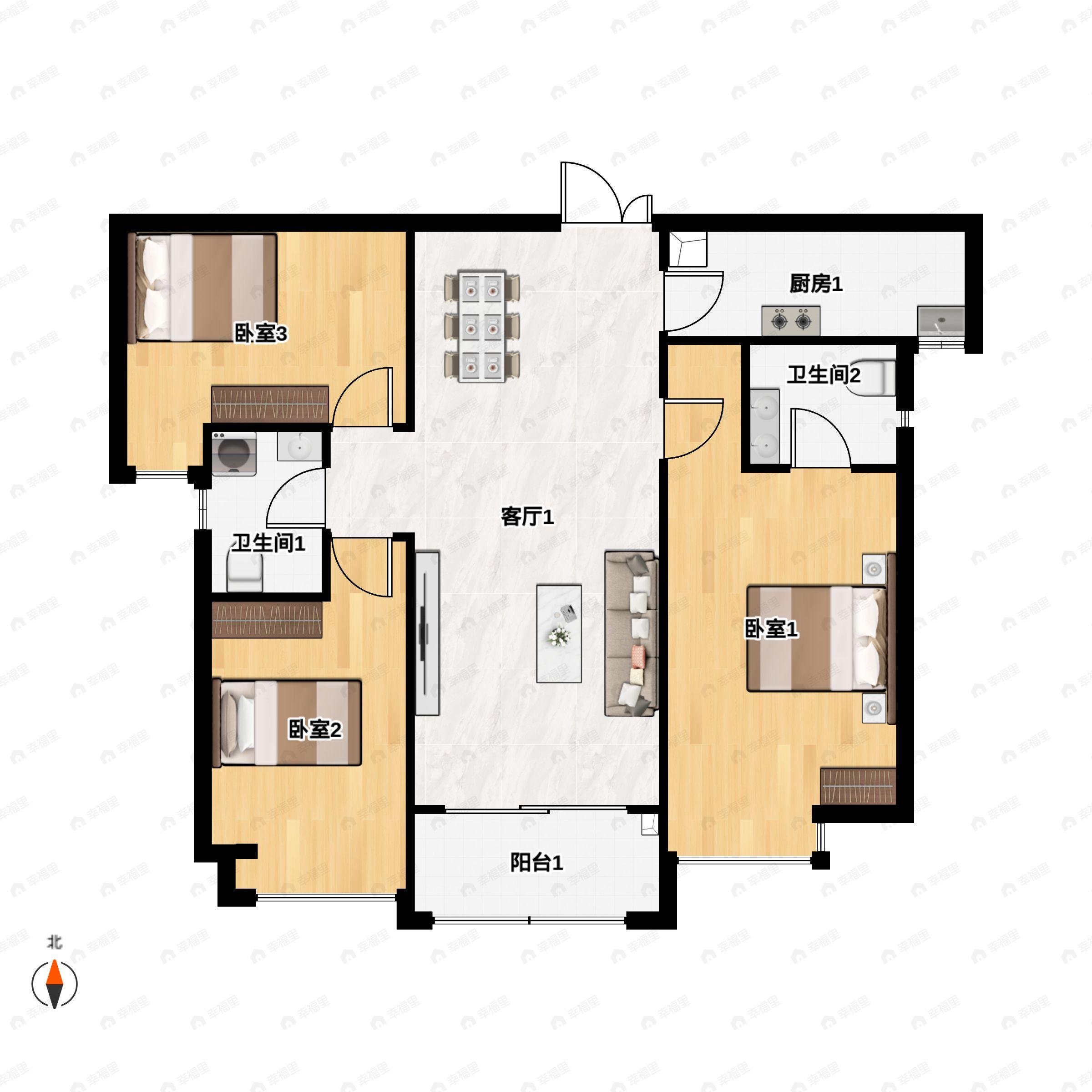 3室2厅2卫建面127m²南户型图