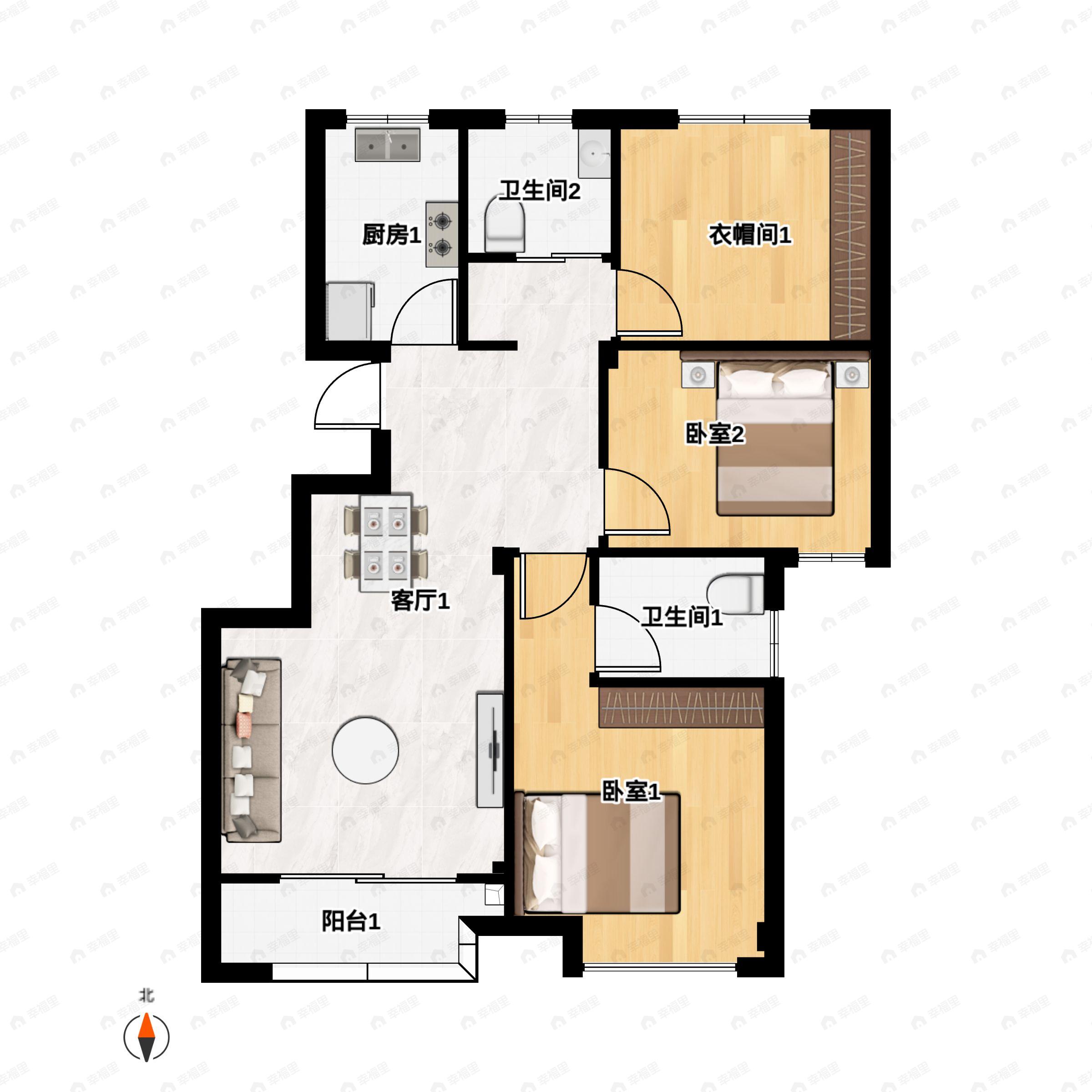 3室2厅2卫建面95m²南户型图